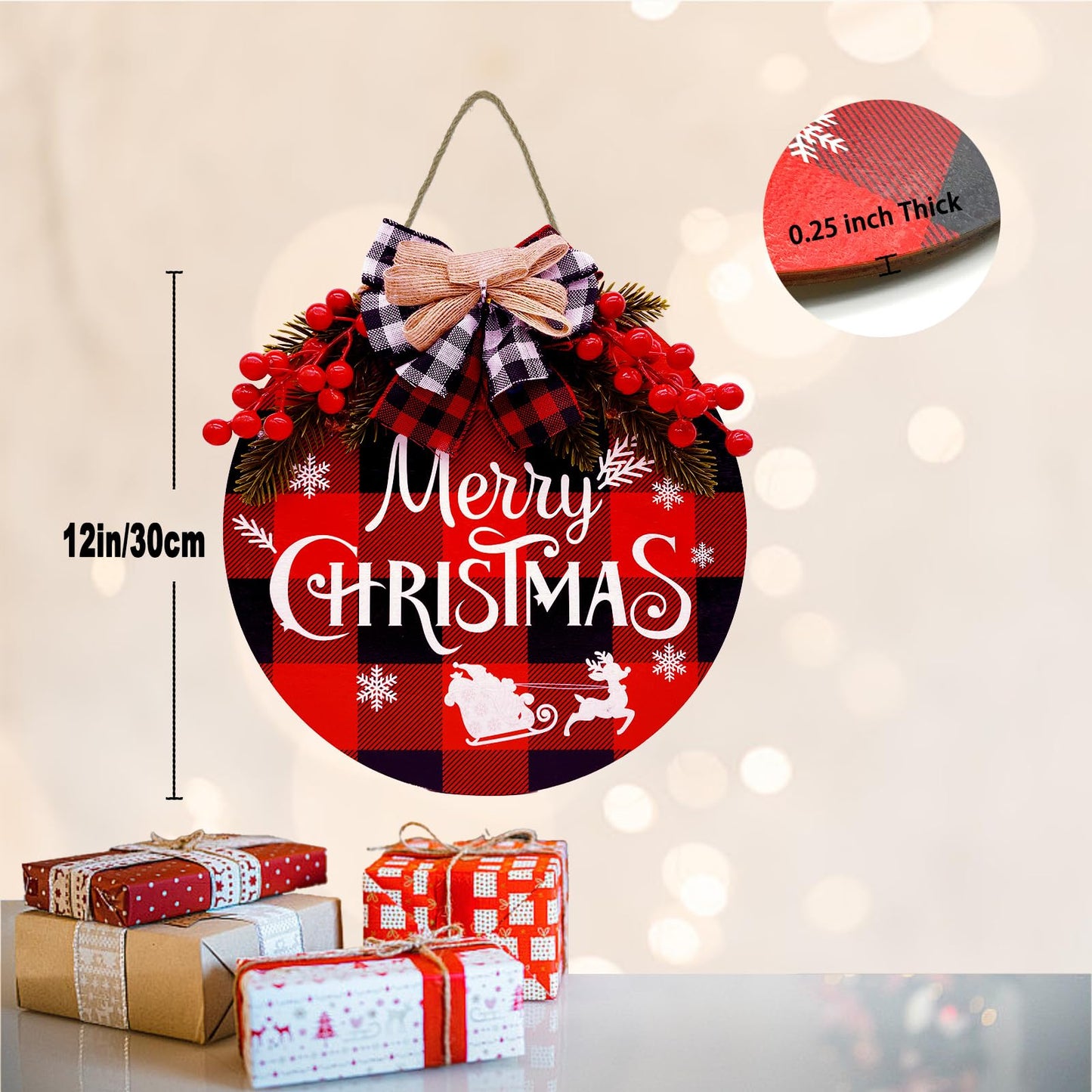 2 PCS Buffalo Plaid Christmas Wall Decor, 12 Inch Merry Christmas Sign Wood Wreath Hanging Porch Window Decoration Indoor Outdoor