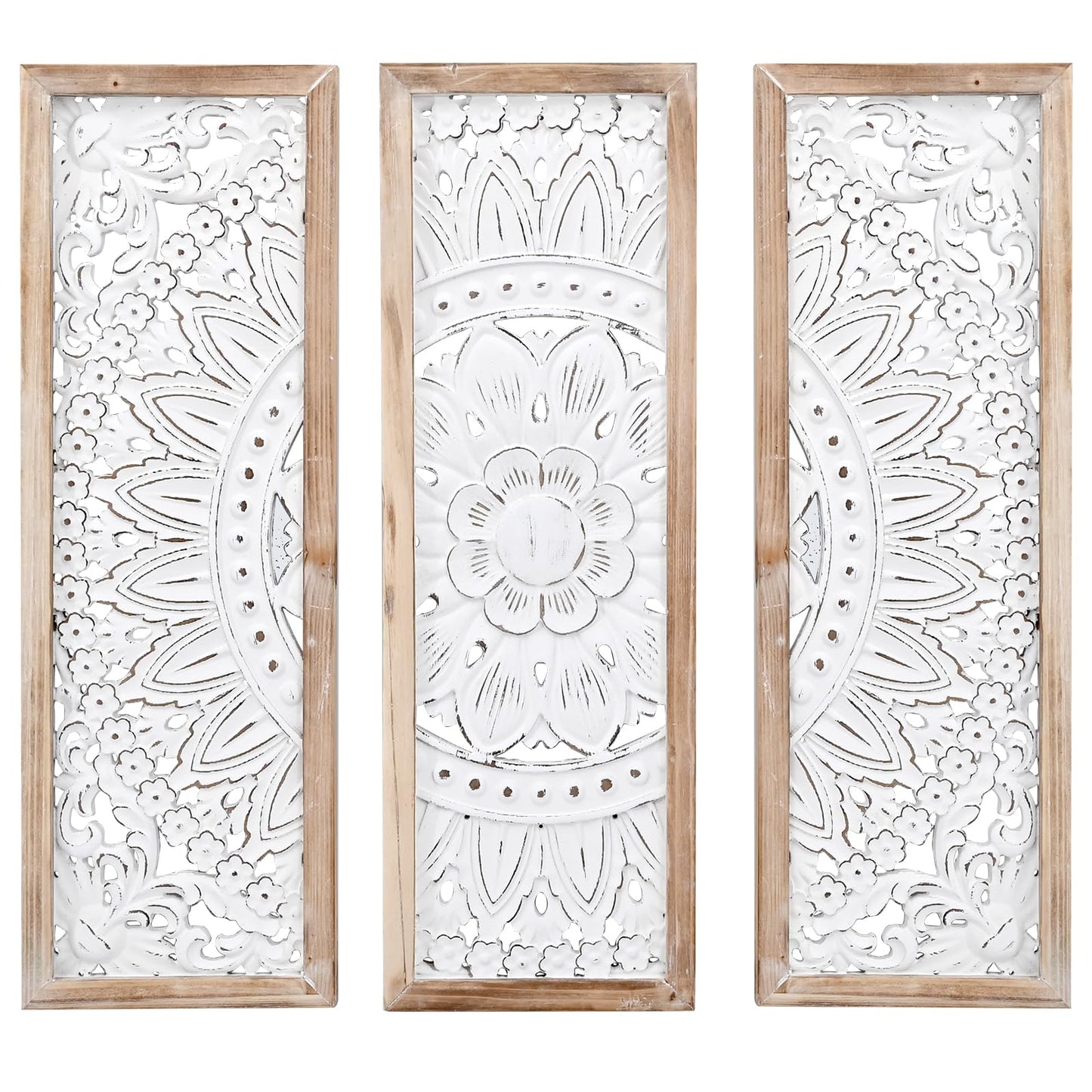 SwallowLiving 3D Layered Mandala Wood Wall Art Set of 3 – 23.6" Large Sacred Geometry Floral Sculptures, Intricately Carved Wood Panels for Meditation Room, Yoga Studio & Boho Decor, Distressed White