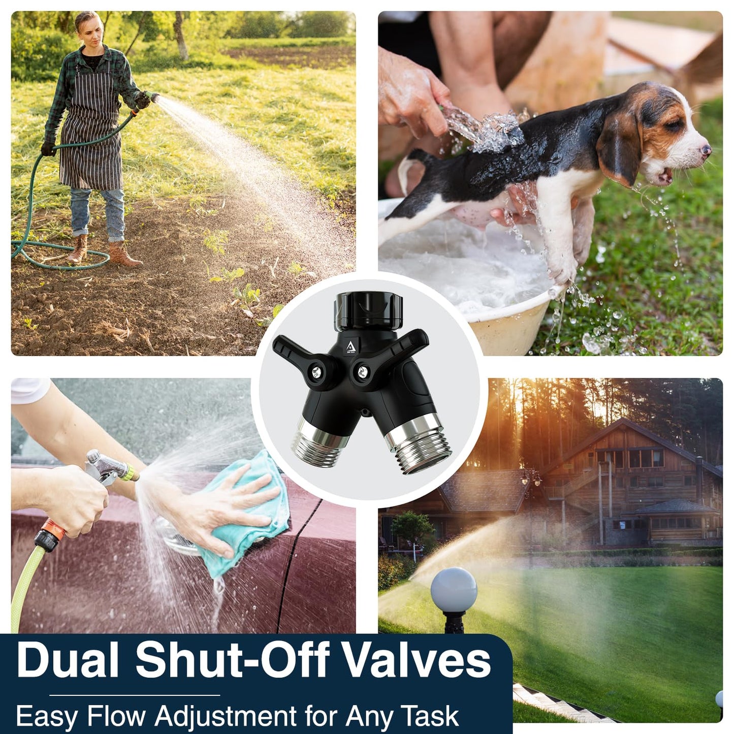 DBR Tech® Garden Hose Splitter 2 Way Heavy Duty | Faucet Adapter with Long Handle, Outdoor Water Spigot Hose Bib Y Wye Splitter, Dual Outlet Shut Off Valve Hose Connector, Leak Free