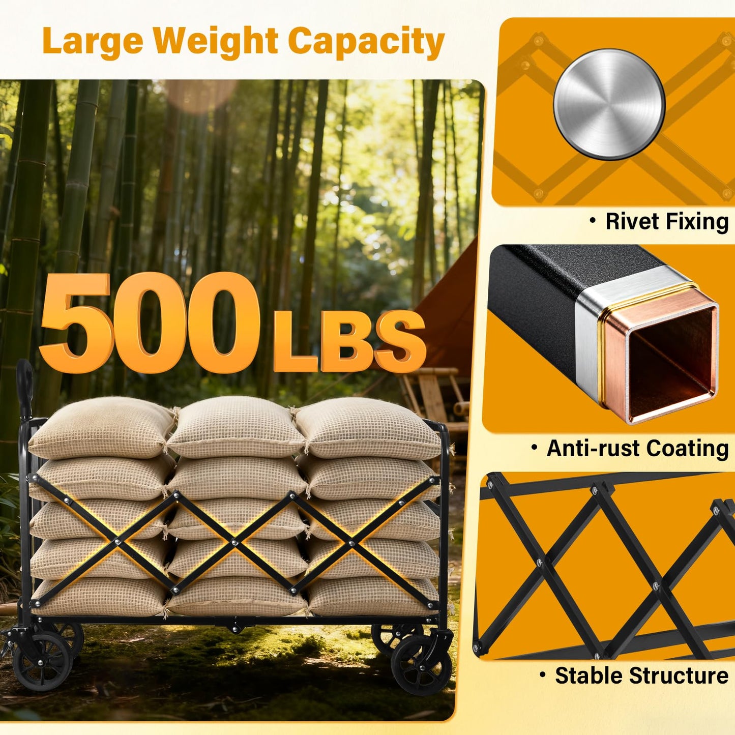 Yollber Wagons Carts Foldable,Large Capacity Foldable Wagon Cart Collapsible Wagon with Wheels & Drink Holders,Heavy Duty Utility Folding Cart for Camping Garden Grocery Shopping