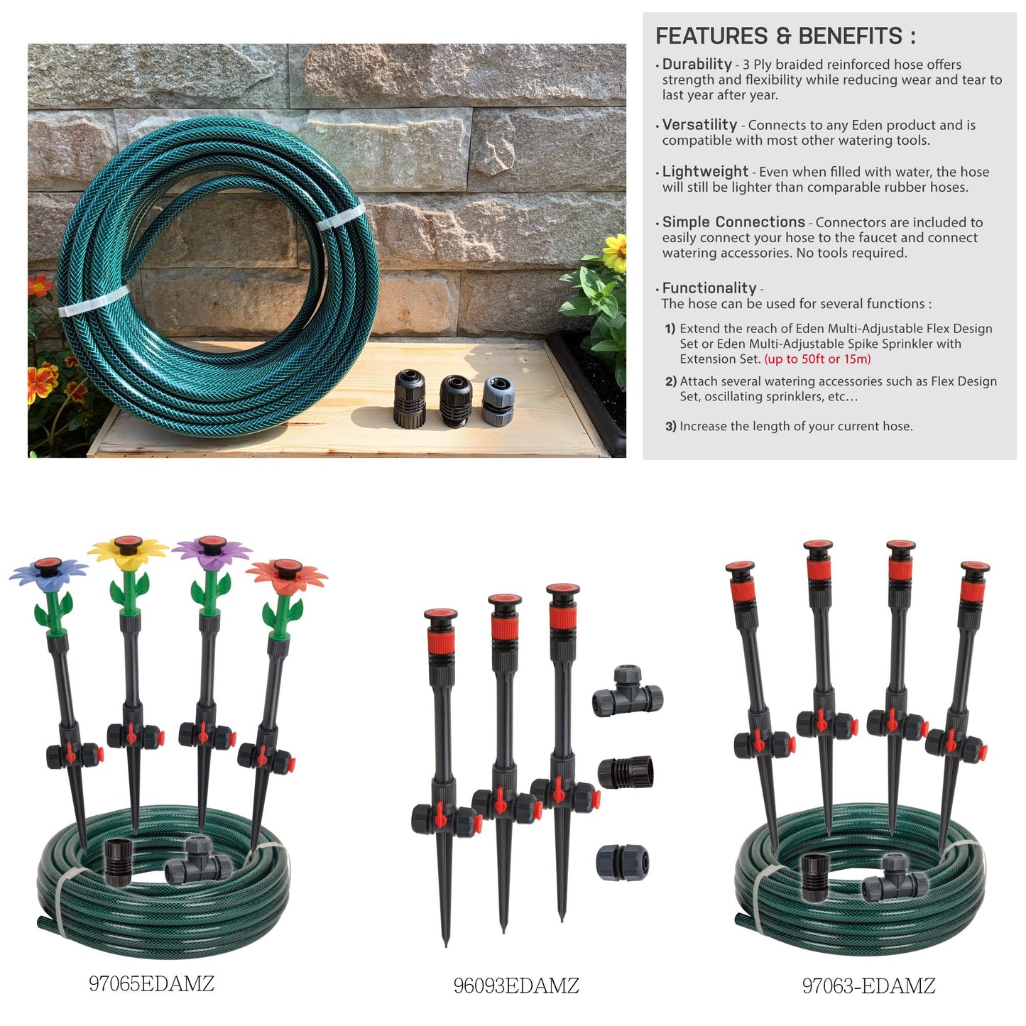 Eden 94051 Rubber Garden Hose 1/2 in. x 50 ft, DIY Hose Set