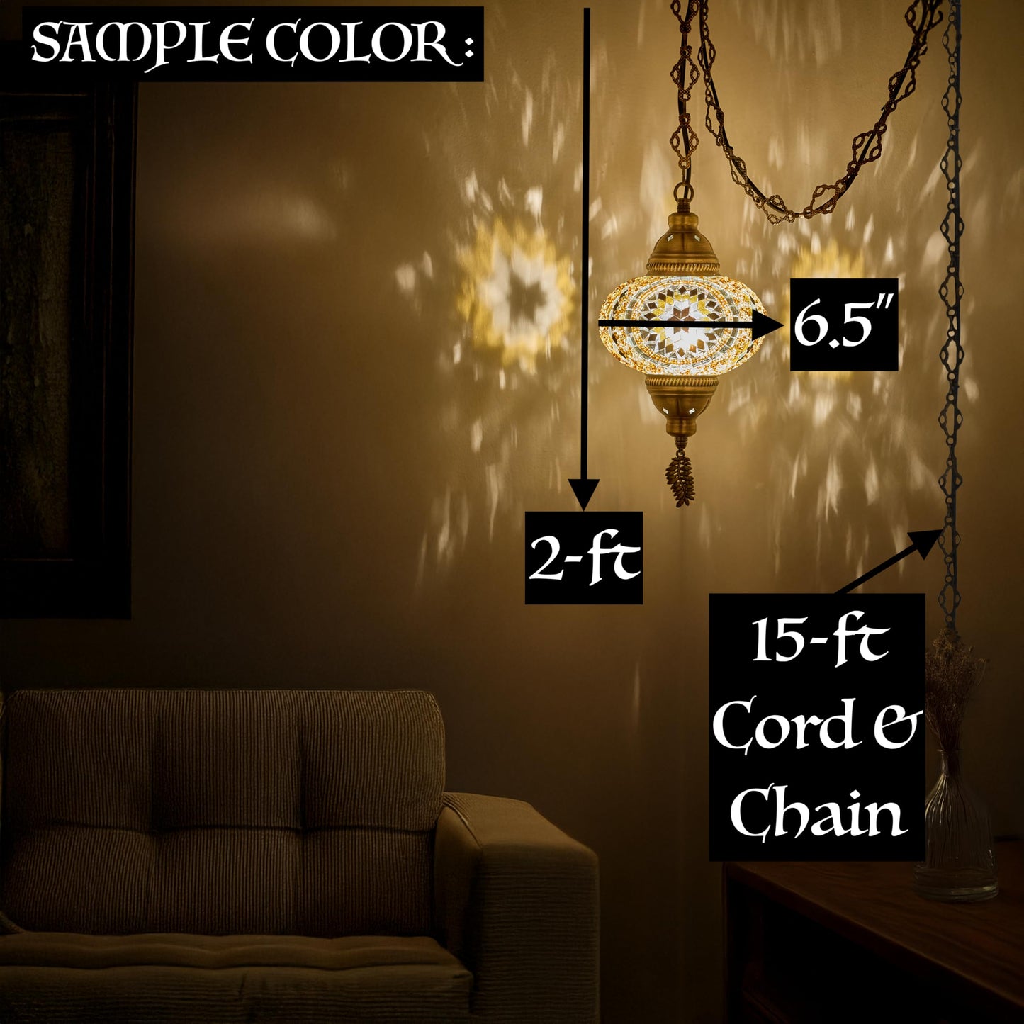 DEMMEX Authentic Turkish Mosaic Plug-in Swag Pendant Light Fixture, Large 6.5" Globe – Moroccan Hanging Ceiling Lamp - 15ft Cord & Chain, US/CA Plug, Exotic Mediterranean Decor, Handmade