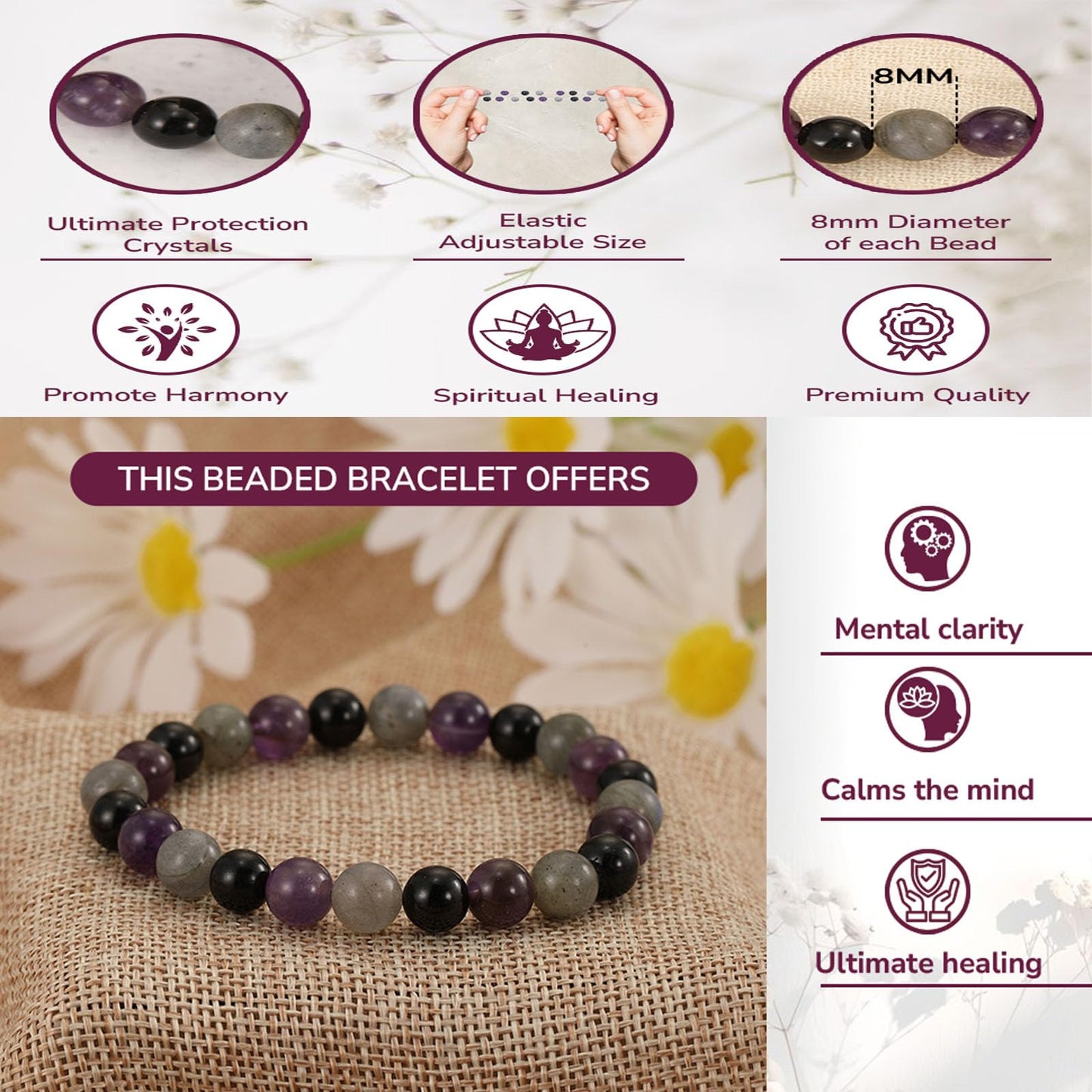 Crgwxzl 3pcs Anxiety Relief Protection Bracelets,Healing Black Tourmaline Crystal Bracelets for Women Men,8mm Natural Stone Amethyst Labradorite Beaded Spiritual Gemstone Jewelry Gifts
