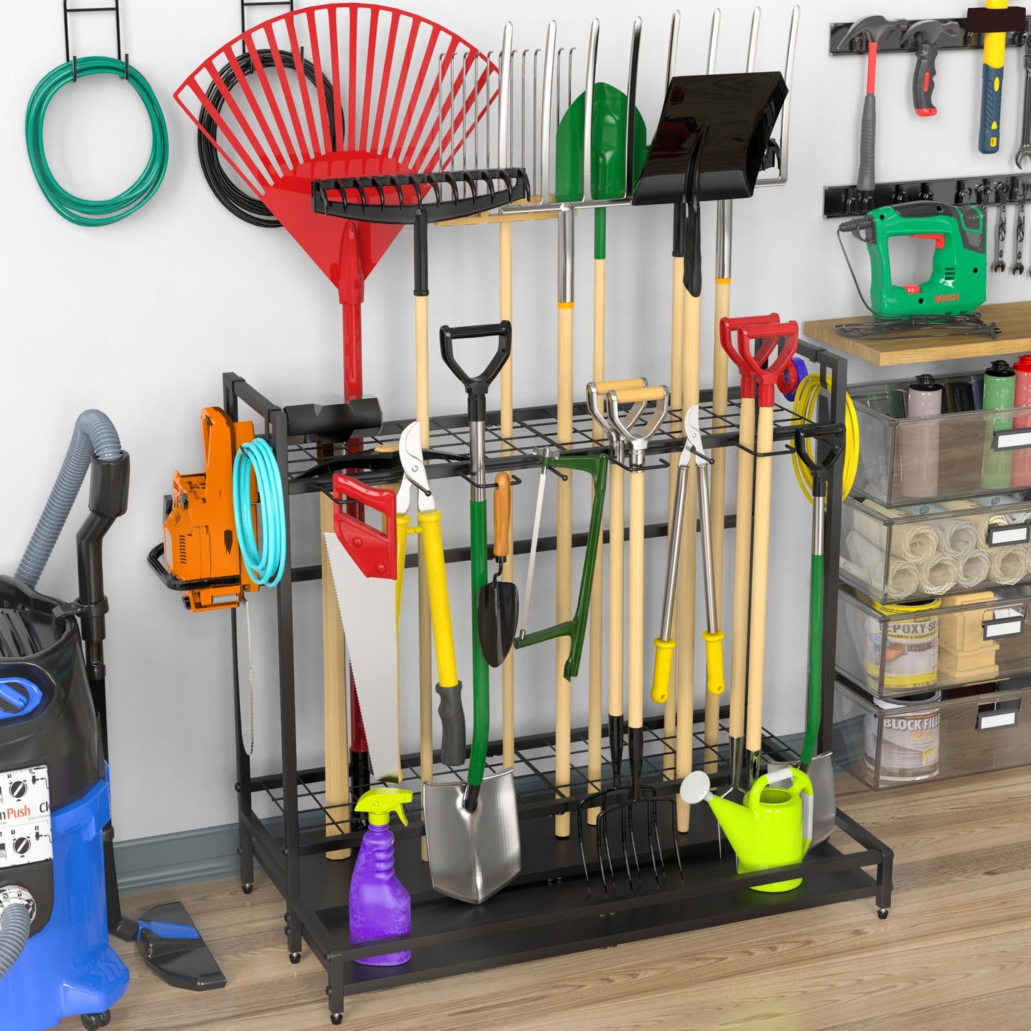 VGMiu Garden Tool Organizer for Garage, Yard Tool Rack, Holds Up to 64 Long-Handled Tools, Black Metal Garden Tools Rack Storage with Hooks for Yard Shed Garage Organization