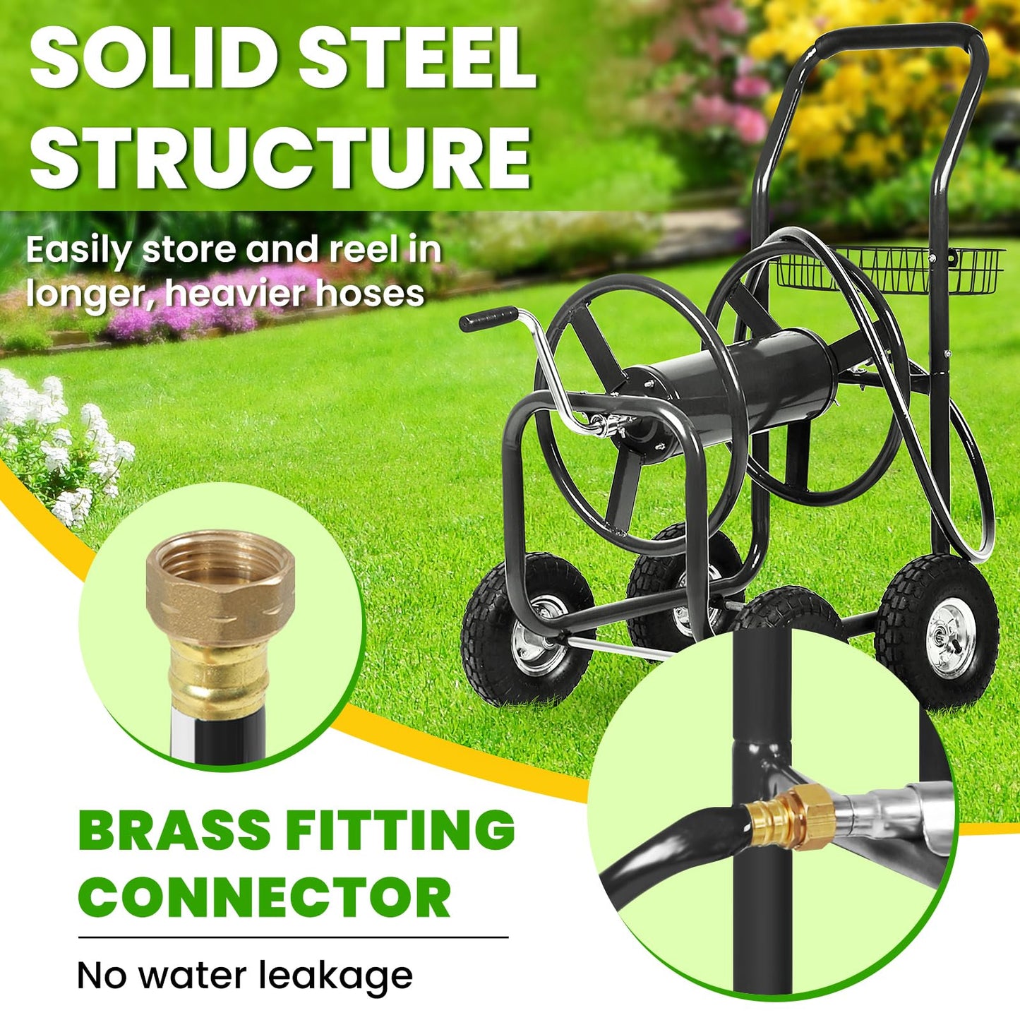 Pazidom Hose Reel Cart, Hold Up to 300 ft of 5/8’’ Hose, Heavy Duty Garden Water Cart with 4 Wheels, Powder-coated Steel Outdoor Planting with Storage Basket for Garden, Lawn, Yard, Black