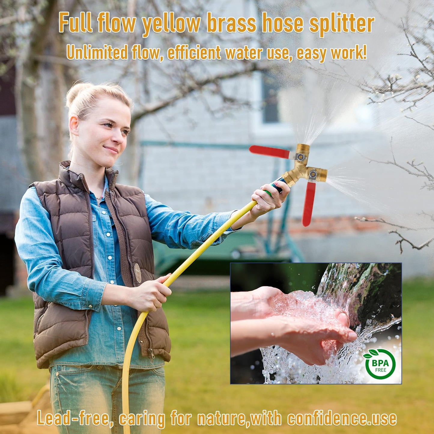 Garden Hose Splitter 2 Way, Heavy Duty Brass Y Valve Water Hose Splitter With Stainless Steel Long Handle Outdoor Full Flow Hose Splitter Connector,Y Valve 3/4 Inch GHT Thread