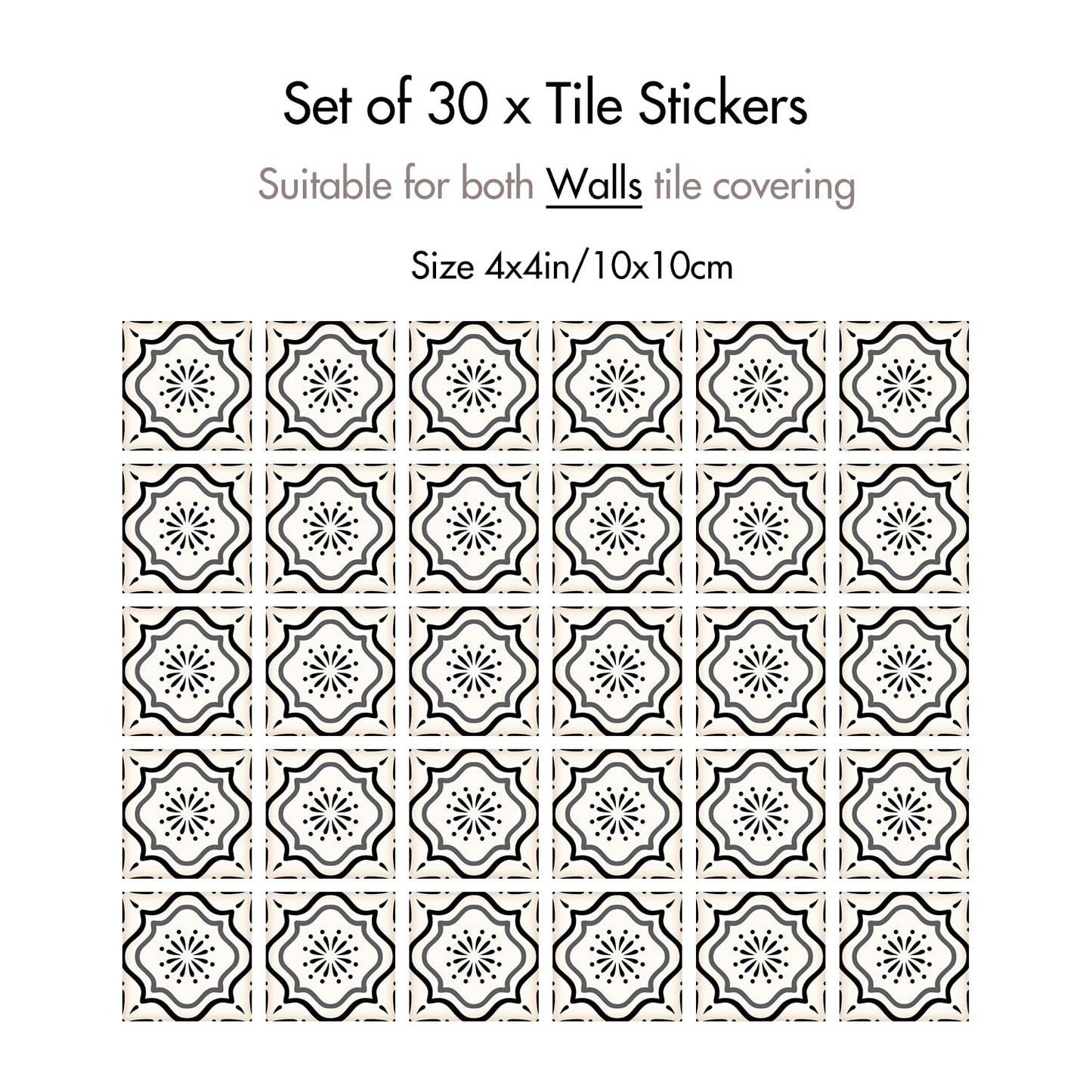 30 Count Moroccan Tile Decals 4 in – Self Adhesive Vinyl Wall Stickers, Waterproof Peel & Stick for Kitchen Backsplash, Bathroom, Stair Tread Accent, Neutral Tan/Black (Black)