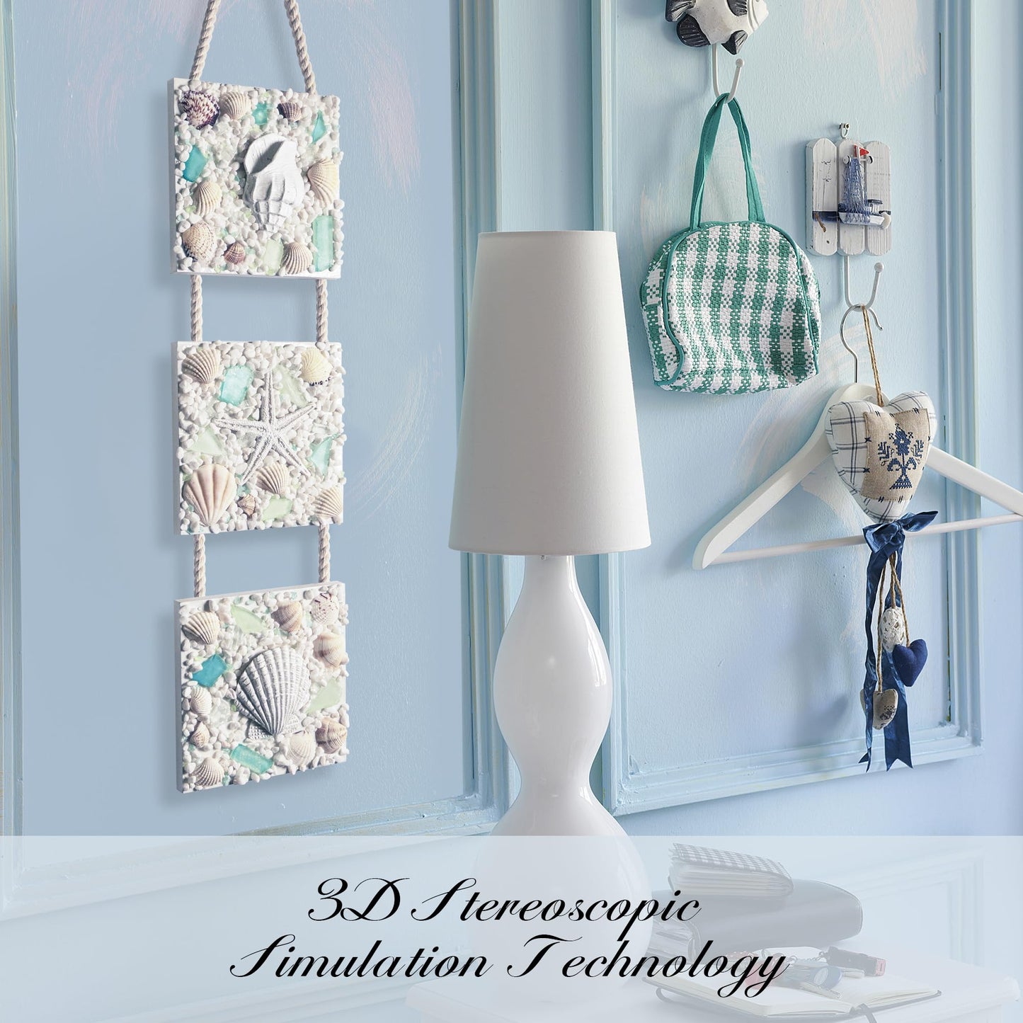 flangairy Coastal Wall Decor 3D Seashell Starfish Conch Wall Hanging, 20.5 * 4.3 Inches Beach Nautical Ocean Theme Bathroom Home Summer Decorations Sea Shell Art
