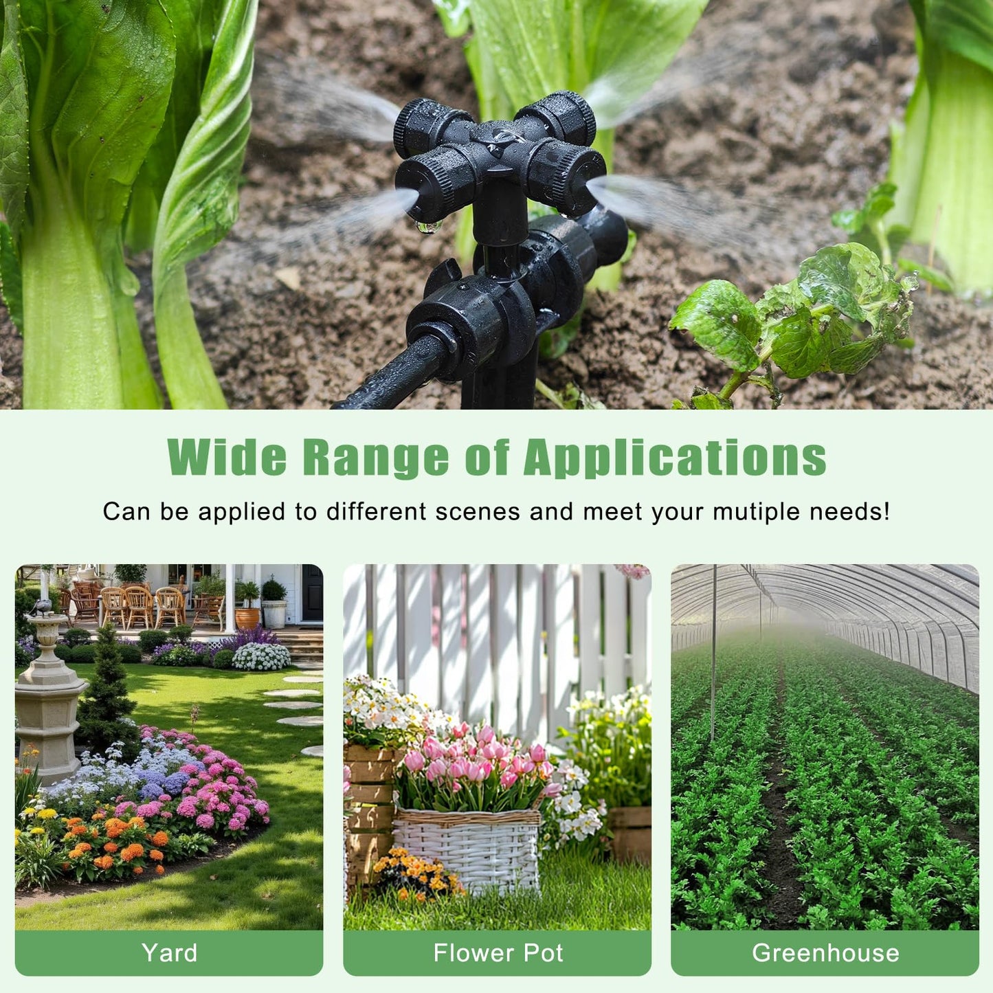 50FT Drip Irrigation System Kit Automatic Garden Watering System with 1/4" Drip Tubing & Quick Connect Fittings Adjustable Mist and Linear Columnar Modes for Greenhouse, Raised Garden Beds, Lawn, Yard