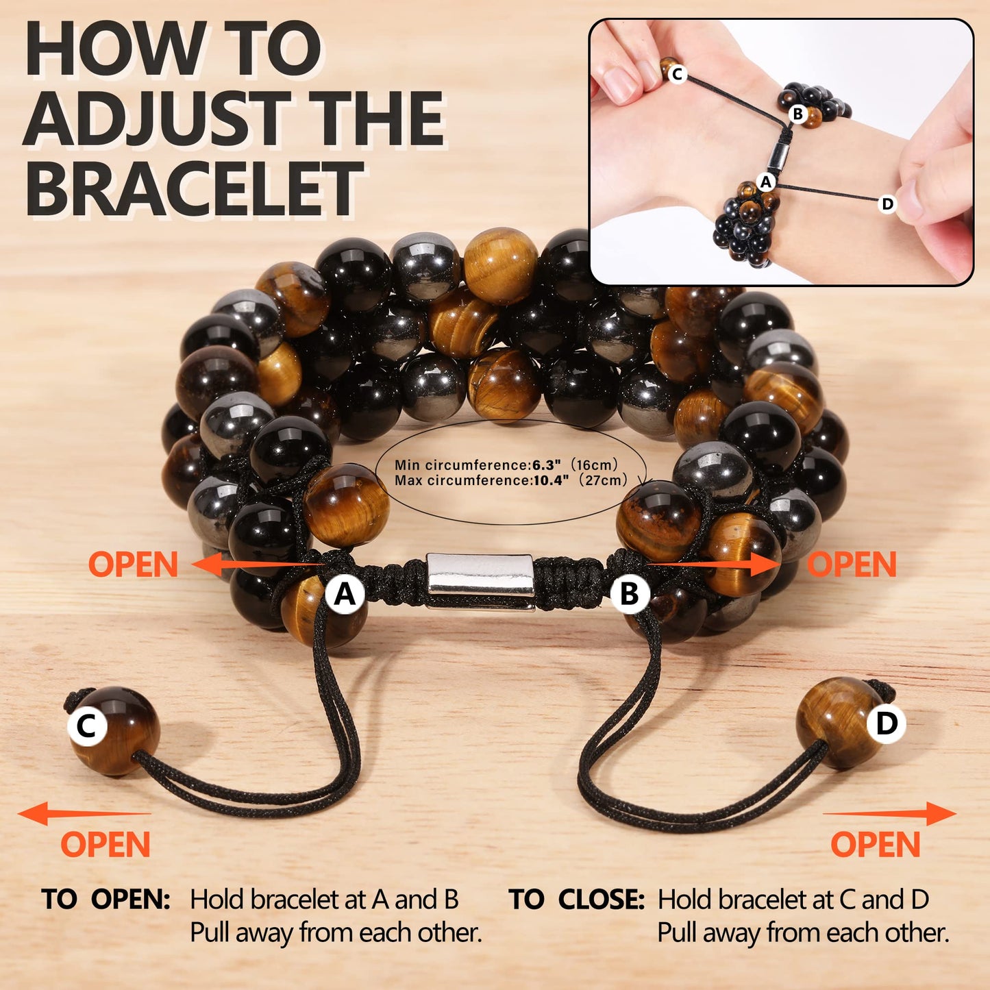 Ckkllws Triple Protection Bracelet, Genuine Tigers Eye Black Obsidian and Hematite 8mm Beads Bracelet for Men Women, Crystal Jewelry Stone Bracelets Gifts for Men Bring Luck Prosperity