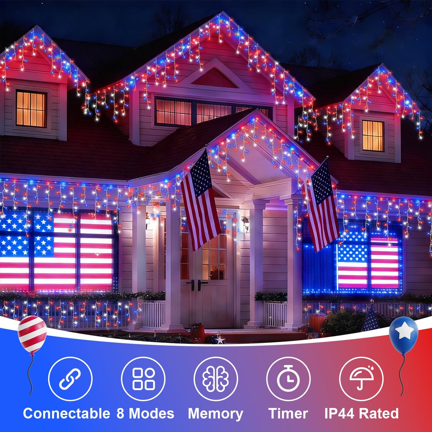 QITONG Red White and Blue Icicle Lights for Outside, 33ft 400 LED 4th of July Icicle Lights with 8 Modes, Clear Wire Connectable String Lights Plug in for Patriotic Independence Memorial Day Decor