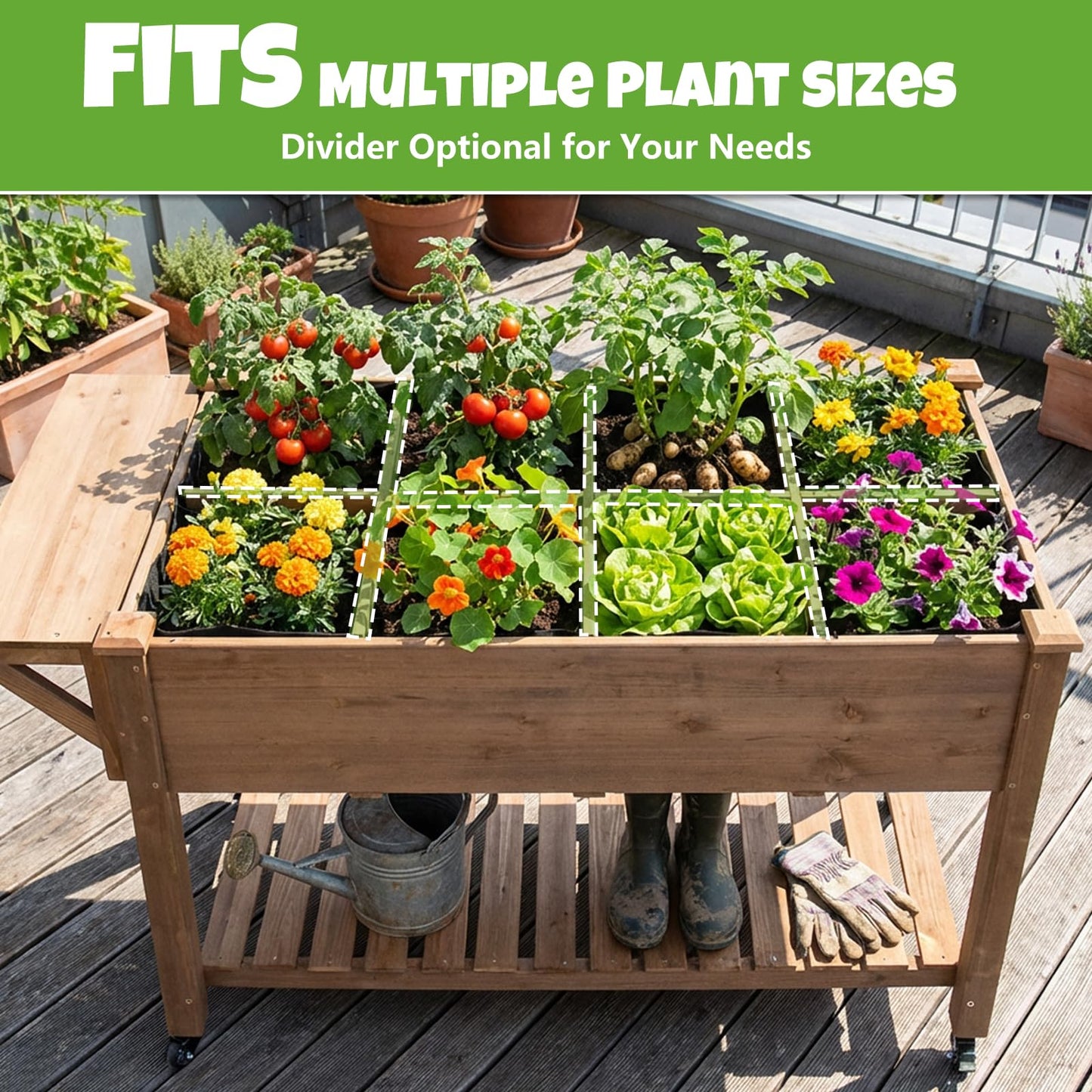 33"H Raised Garden Bed with Wheels, Ergonomic Elevated Wood Planter Box with Shelves and Root Drainage, Upgraded Metal W-Shaped Sturdy, Ideal for Vegetable Herb Flower, Backyard Balcony Patio