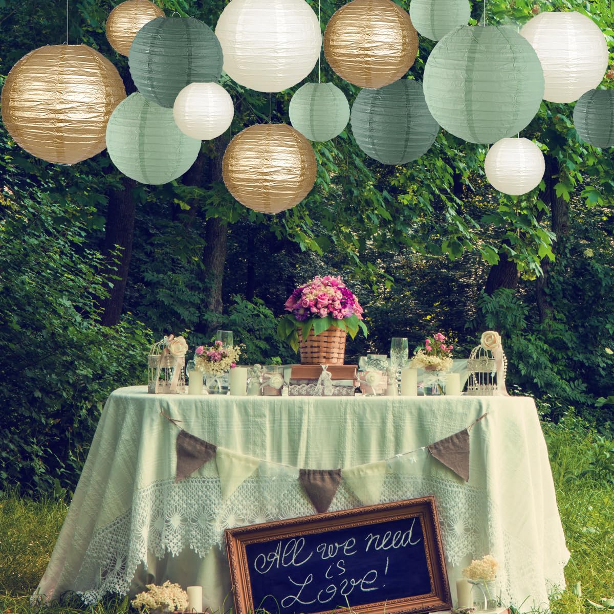 zilue Paper Lanterns Decorative, Round Hanging Paper Lanterns Decorations for Rustic Party Bridal Shower Wedding Sage Green Birthday Party Supplies Gold/Ivory/Sage Green 15pcs