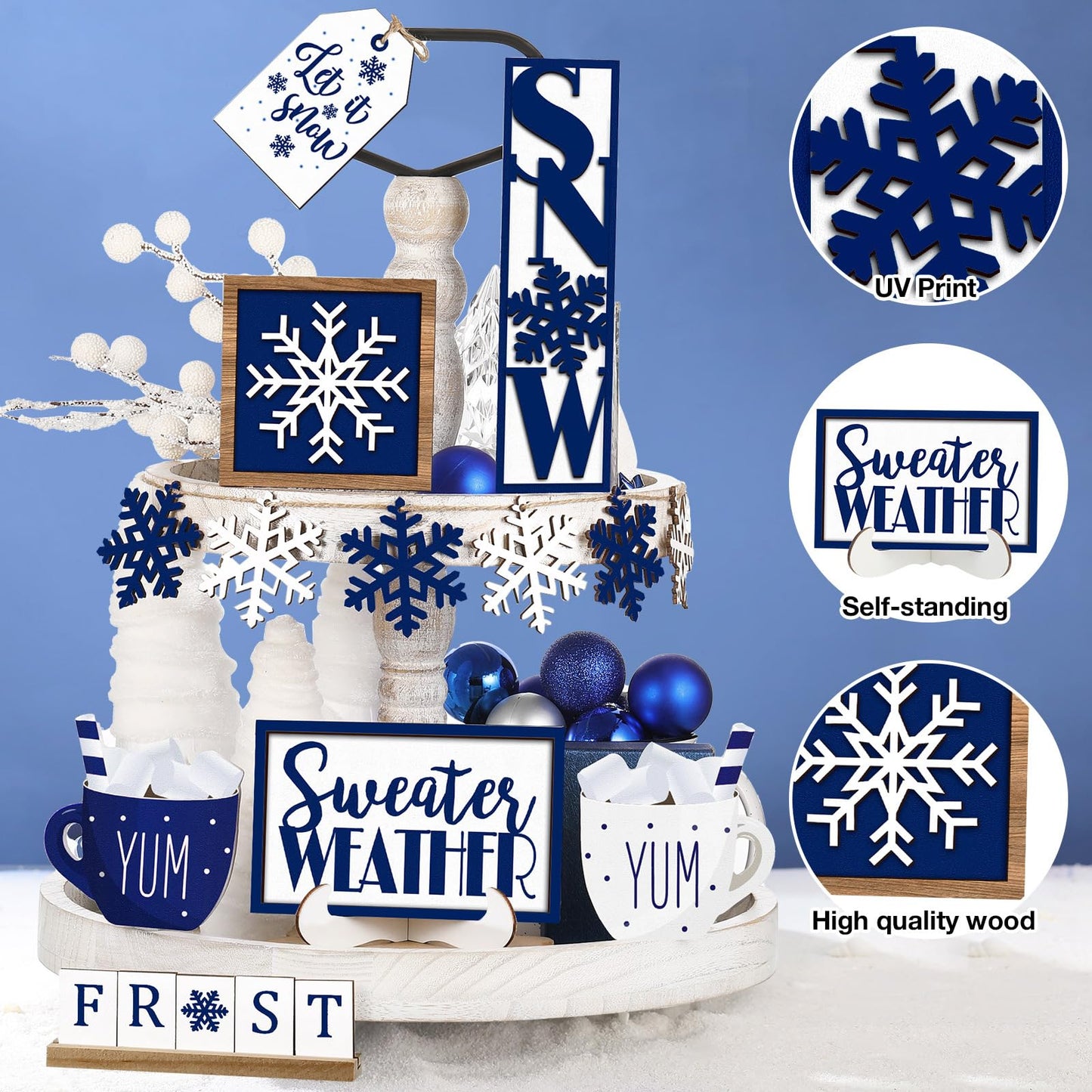 Jetec 12 Pieces Winter Tiered Tray Decor Set Snowflake Wooden Sign Let It Snow Table Decorations Farmhouse Coffee Bar Signs Tray Decor for Home Kitchen Tabletop(Blue)