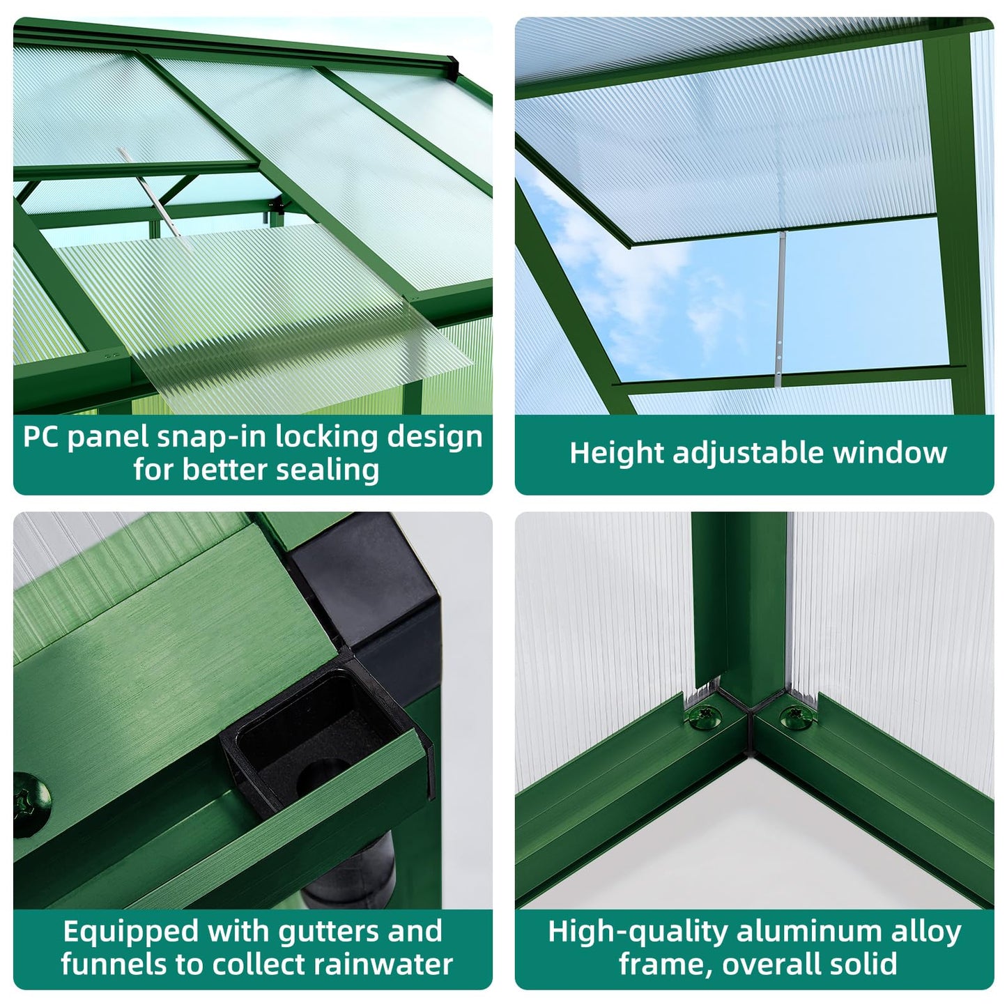 Garvee 6x8 ft Greenhouse - Aluminum Greenhouses for Outdoors, Large Polycarbonate Greenhouse with Roof Vent, Heavy Duty Walk-in Green Houses for Outside Garden, Backyard, Patio, Lawn, Easy Assembly