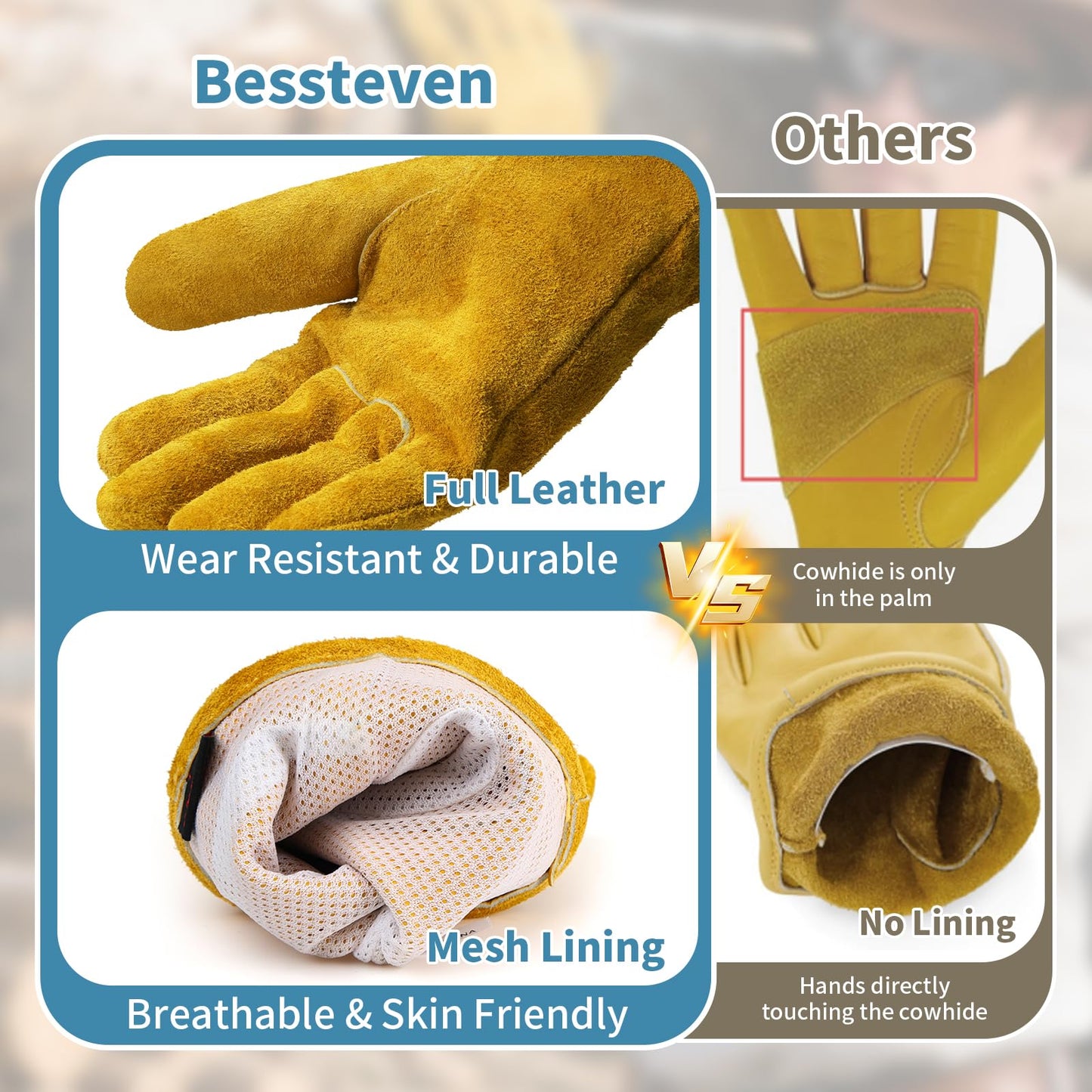 Leather Gardening Gloves for Men Women: Thorn Proof Cowhide Work Gloves with Reinforced Palm, Puncture Resistant Breathable Durable for Yard Work Rose Pruning, Farming, Construction Heavy Duty