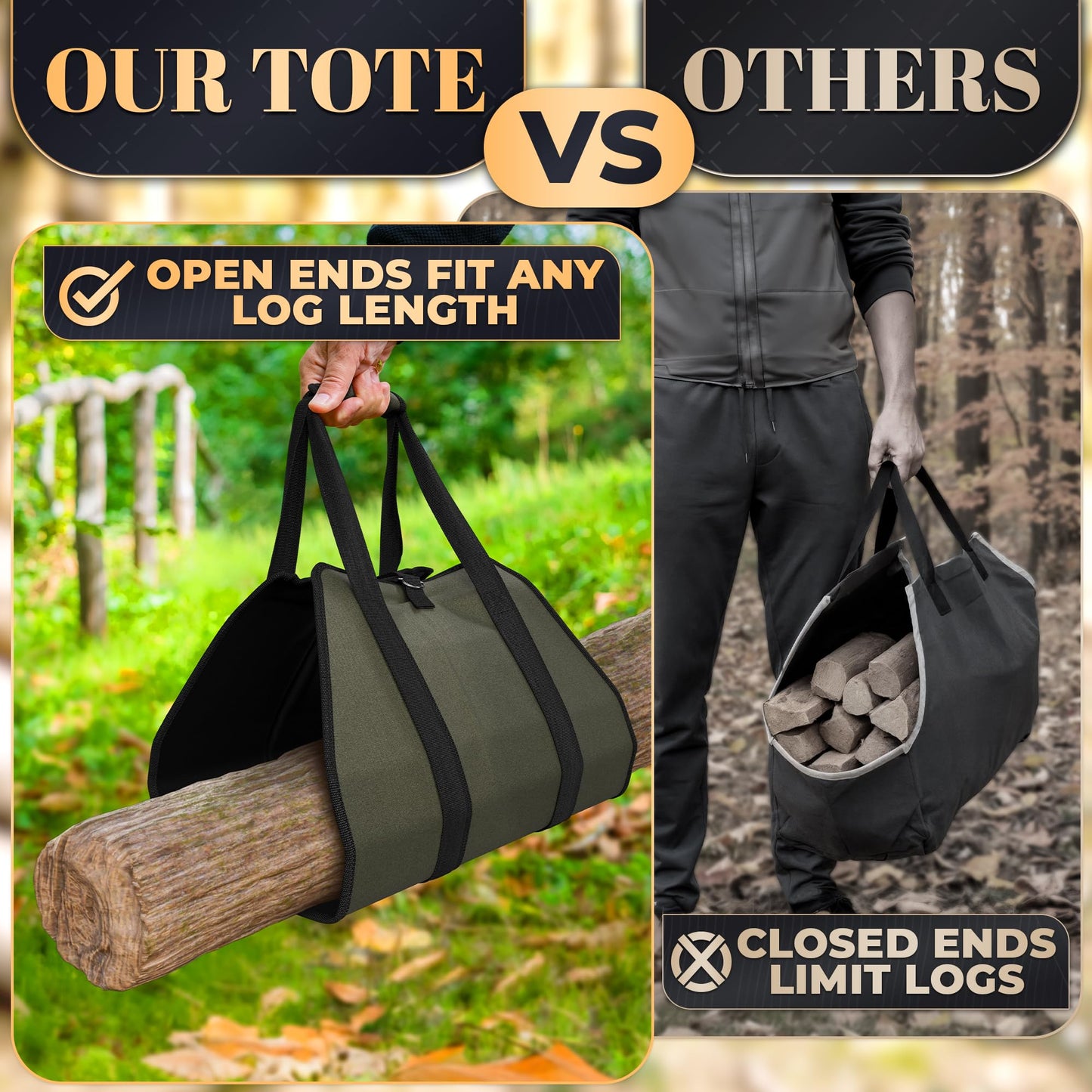 Firewood Carrier Bag 39.4"×18.5" – Waxed Canvas Wood Carrier for Firewood with Reinforced Handles, Hook-and-Loop Grip & Center Strap, Water-Resistant Design with Dust-Blocking Liner | Good for Gifting
