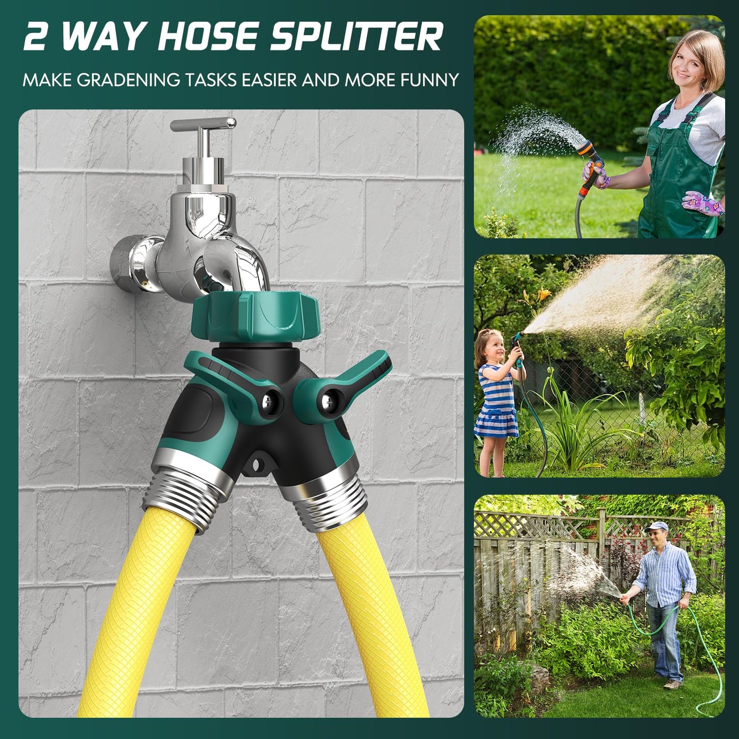 2 Way Garden Hose Splitter with Shut Off Valve,Water Spigot Splitter for 3/4" Hose Connector,Heavy Duty Metal Outdoor Faucet Splitter Y Connector for Garden Hose,with 3 Leakproof Washers & 1 tape