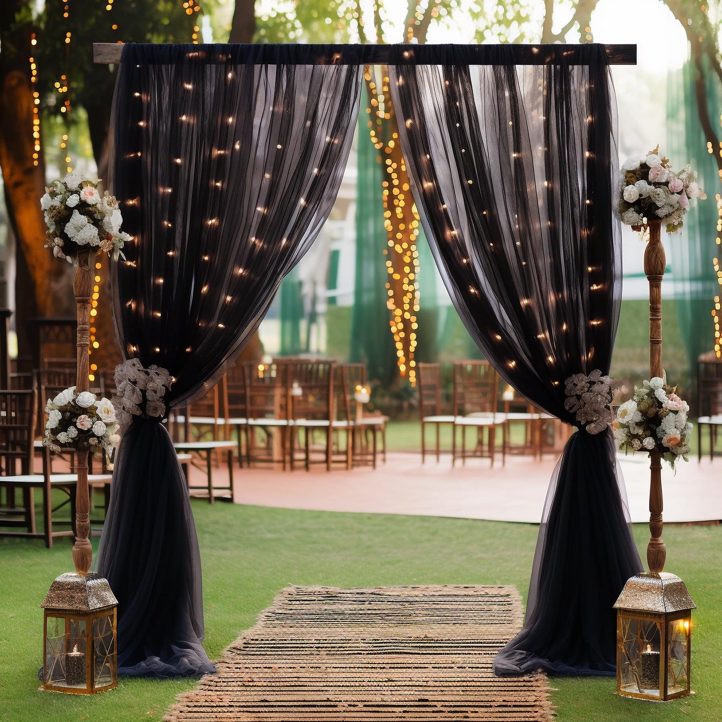 10×10ft Black Tulle Backdrop Curtain with Lights String for Parites, Sheer Photo Backdrop Curtains for Wedding Party Photography Background