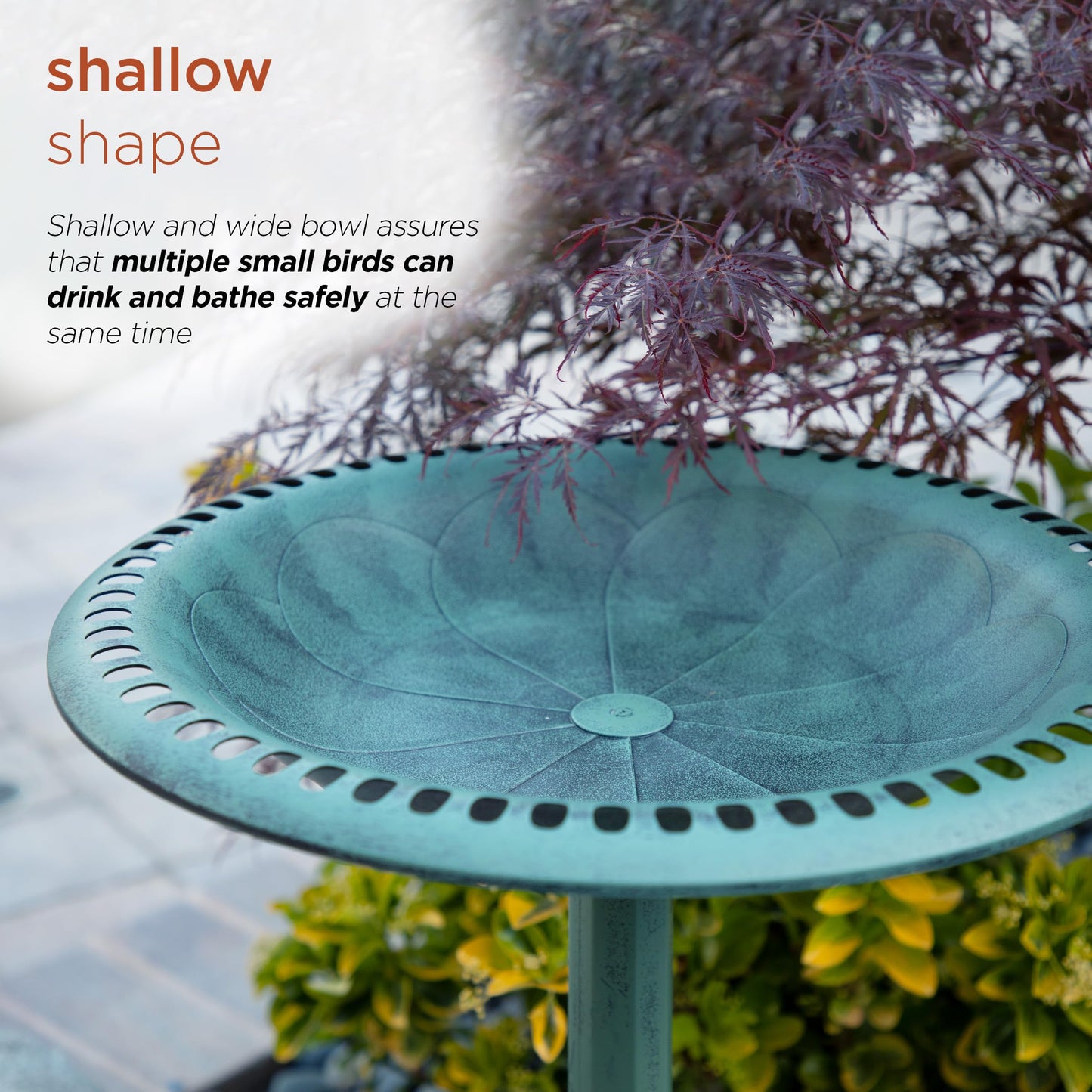 Alpine Corporation TEC116 Outdoor Aged Green Pedestal Birdbath with Scrollwork, 28" Tall, Green