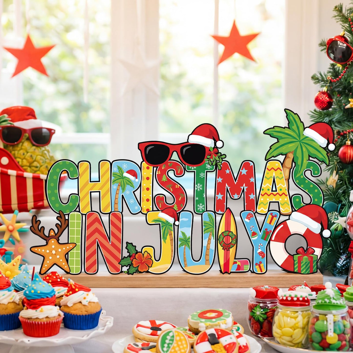 Roowest Metal Christmas in July Sign Tabletop Decor Summer Christmas Table Centerpiece Tropical Tiered Tray Decoration with Wooden Base for Home Office Desk Shelf Mantel Beach Party Gift