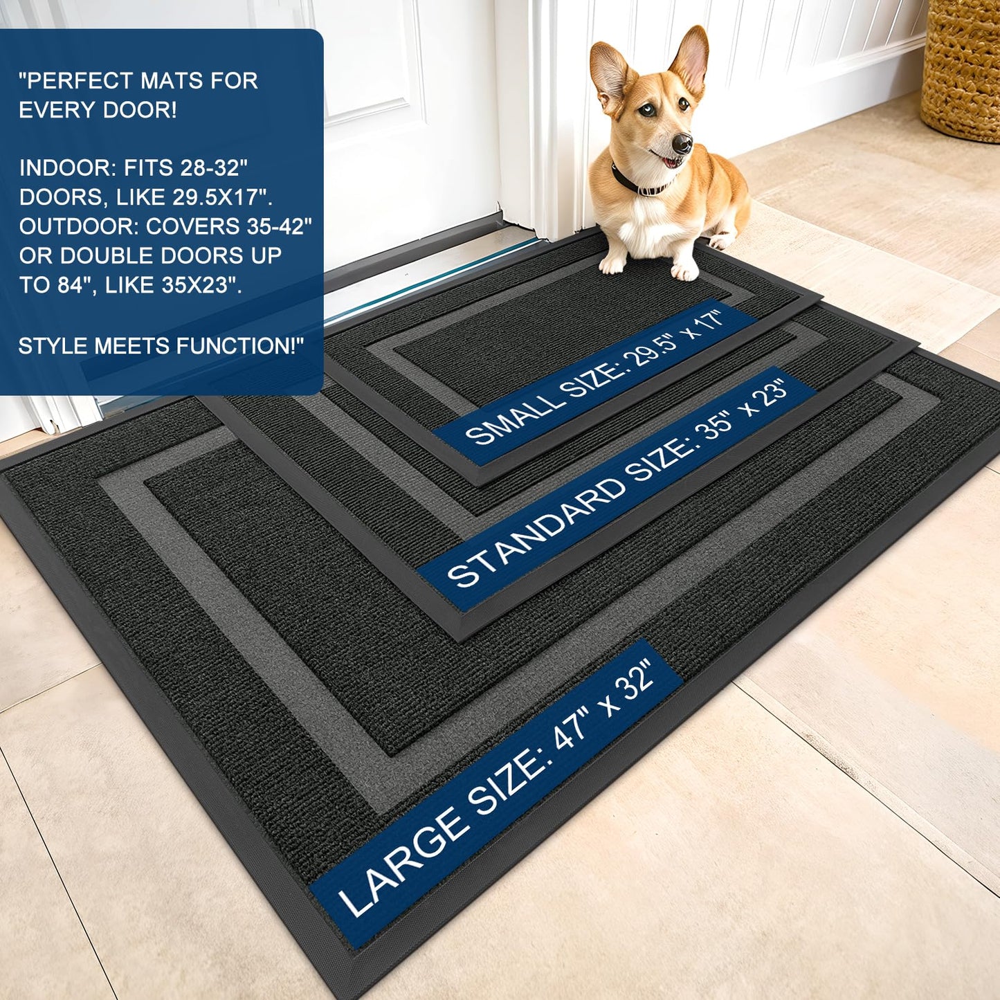 OLANLY Front Door Mat Indoor Outdoor Entrance, Waterproof All-Season, All-Weather Doormat, Sturdy Natural Rubber, Fade Resistant, Low Profile, Easy Clean Patio Porch Entryway Mat, 29.5x17, Black
