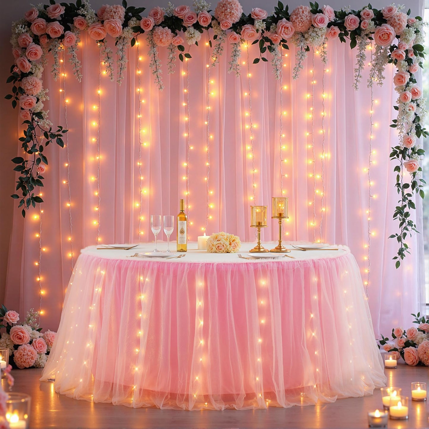6FT Pink Tulle Table Skirt with LED Lights 2-Layer Ruffle Tulle Tutu Cloth Desk Table Skirt for Birthday Party Baby Shower Wedding Banquet Cake Dessert Decorations