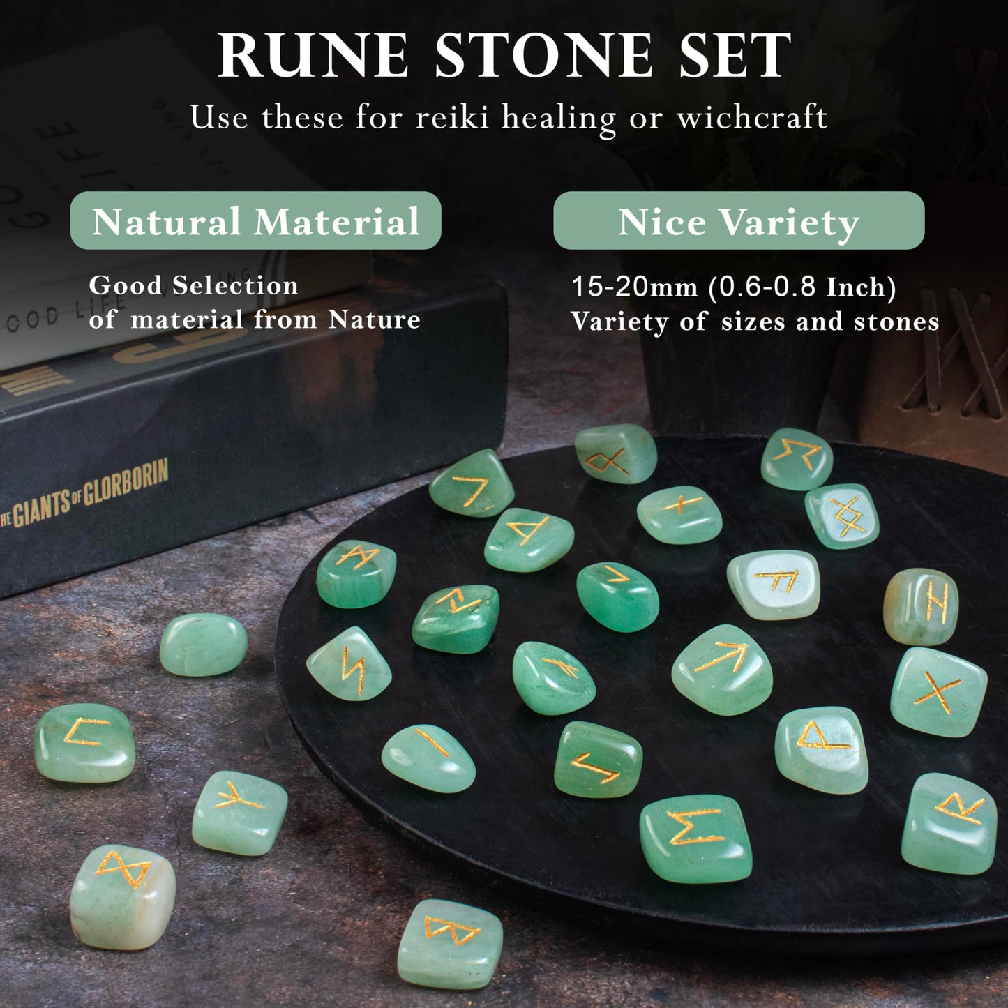 Crocon Green Aventurine Rune Stones Set Engraved with Elder futhark Crystal Runes Set, Reiki Healing runas for Meditation Chakra Balancing Rune Stone for Beginners with Crystal Guide & Pouch 15-20 mm