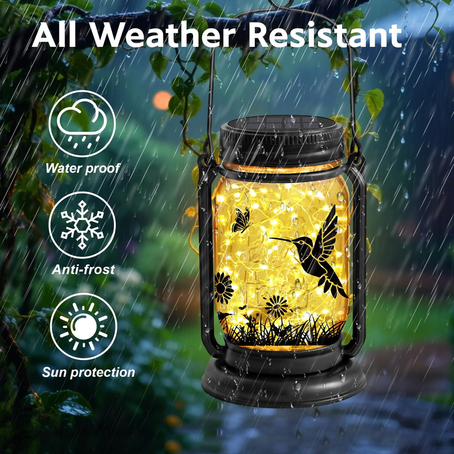 Hummingbird Solar Lanterns 3-in-1 Outdoor Waterproof - Birthday Gifts for Women Mom Christmas, Mason Jar Hanging Lanterns with Stake, Garden Decor Lights for Patio Yard Porch Lawn Balcony Decorations
