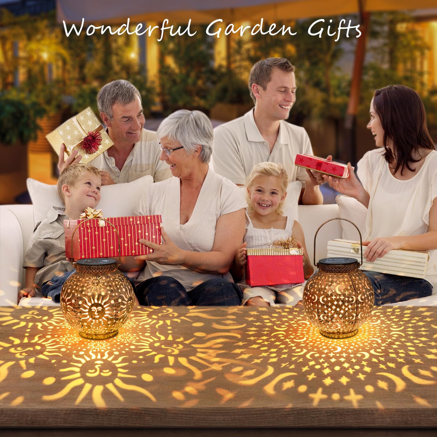 Go2garden Gifts 2Pack Solar Lanterns Outdoor Waterproof Mothers Day Gifts for Mom Moon Star Sun Solar Lights for Balcony, Yard,Birthday Gifts for Women Grandma Wife (Bronze)