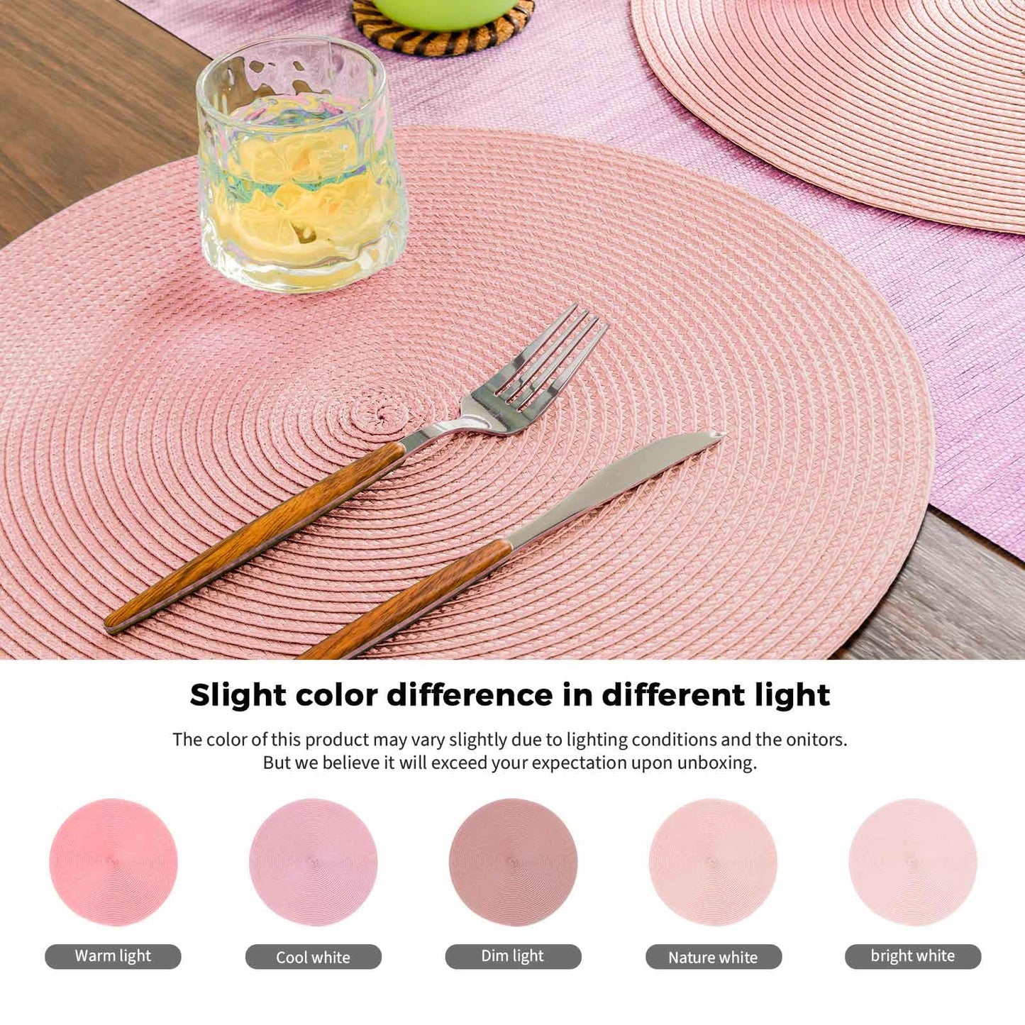 FunWheat Round Braided Placemats Set of 6 Place Mats for Dining Tables Woven Washable Non-Slip Table mats 15 inch(Pink, 6pcs)