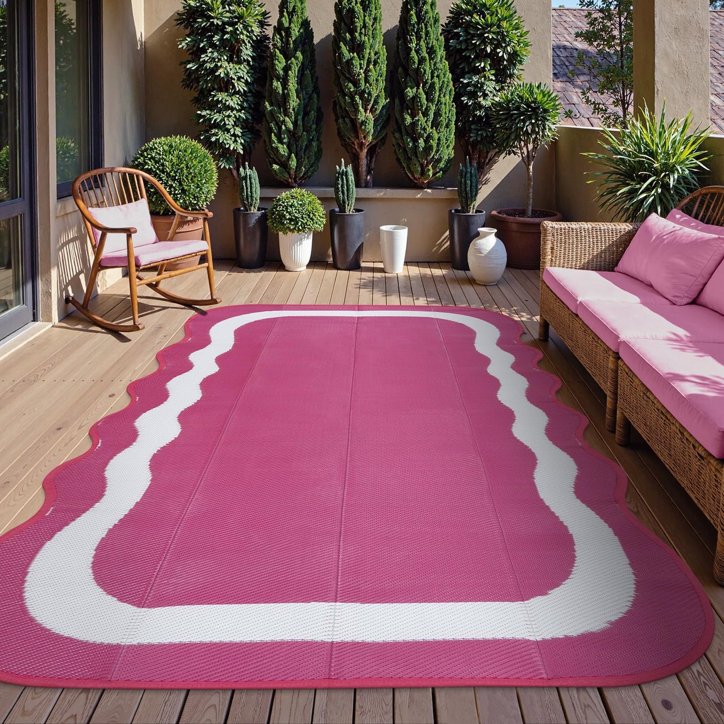 Uphome Outdoor Rug Waterproof 8x10, Large Reversible Pink Scalloped Patio Plastic Straw Rugs, Foldable Modern RV Camping Outside Carpet Mat for Pool Back Yard Deck Picnic, 8 x 10 ft
