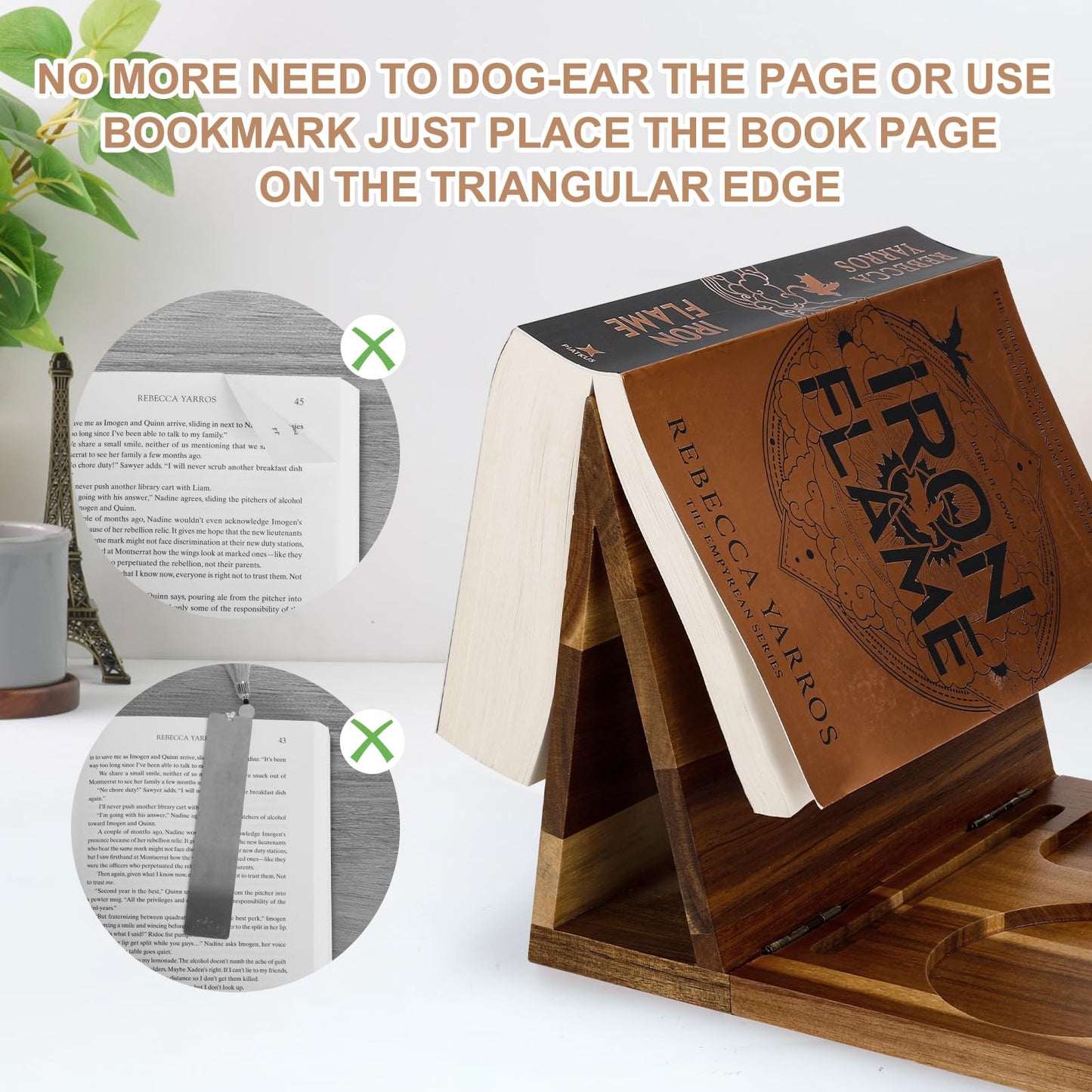 3HQ Wooden Book Stand for Reading Rest, Acacia Triangle Book Holder with Cup, Glasses, Pen & Phone Holder, Book Nook Reading Valet for Book Lover Gifts