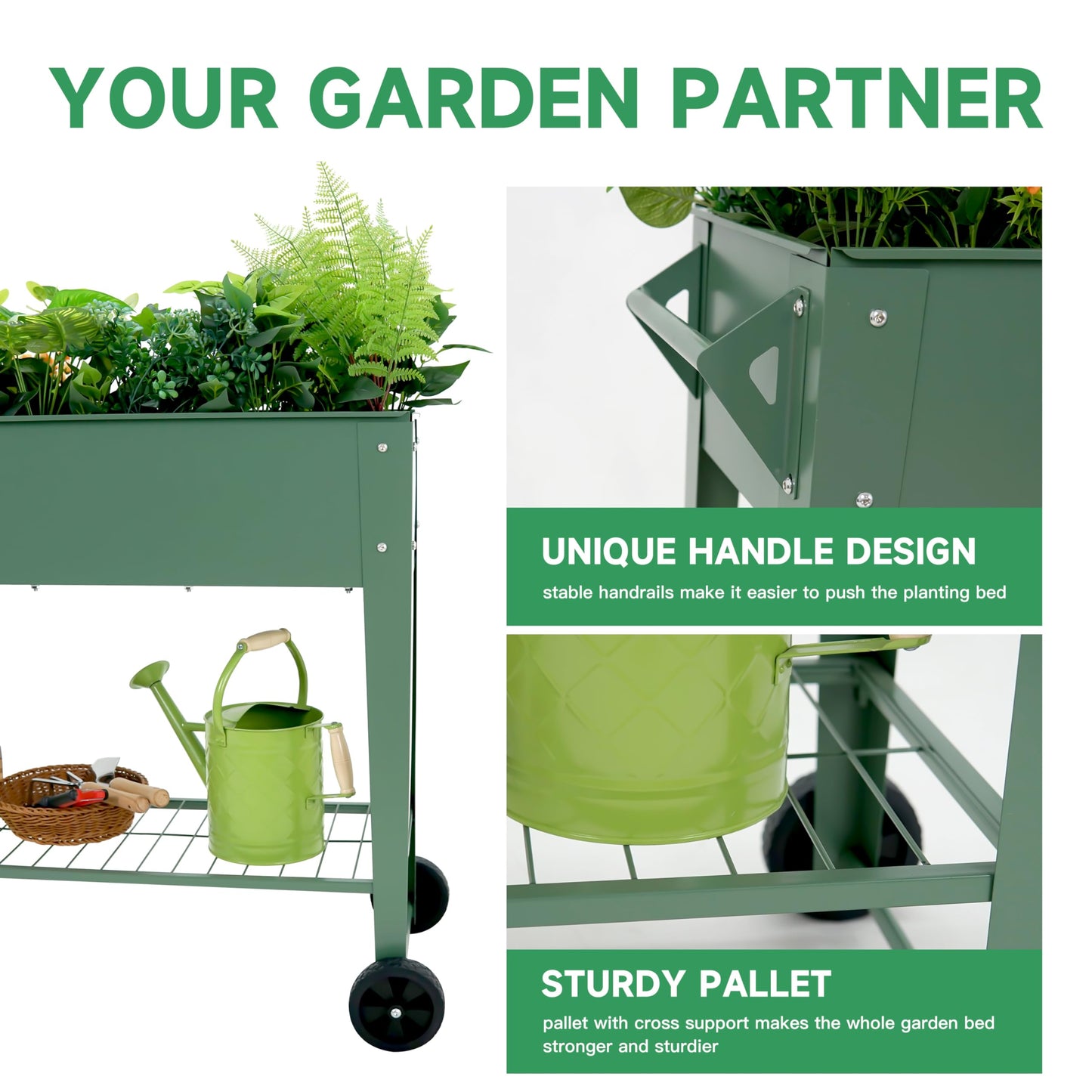 YKTEEDENS Raised Garden Bed with Legs and Wheels Removable for Outdoor, 31.6 * 14.6'' Metal Planter Raised Box for Growing Vegetables Herb Flower in Patio (Green)