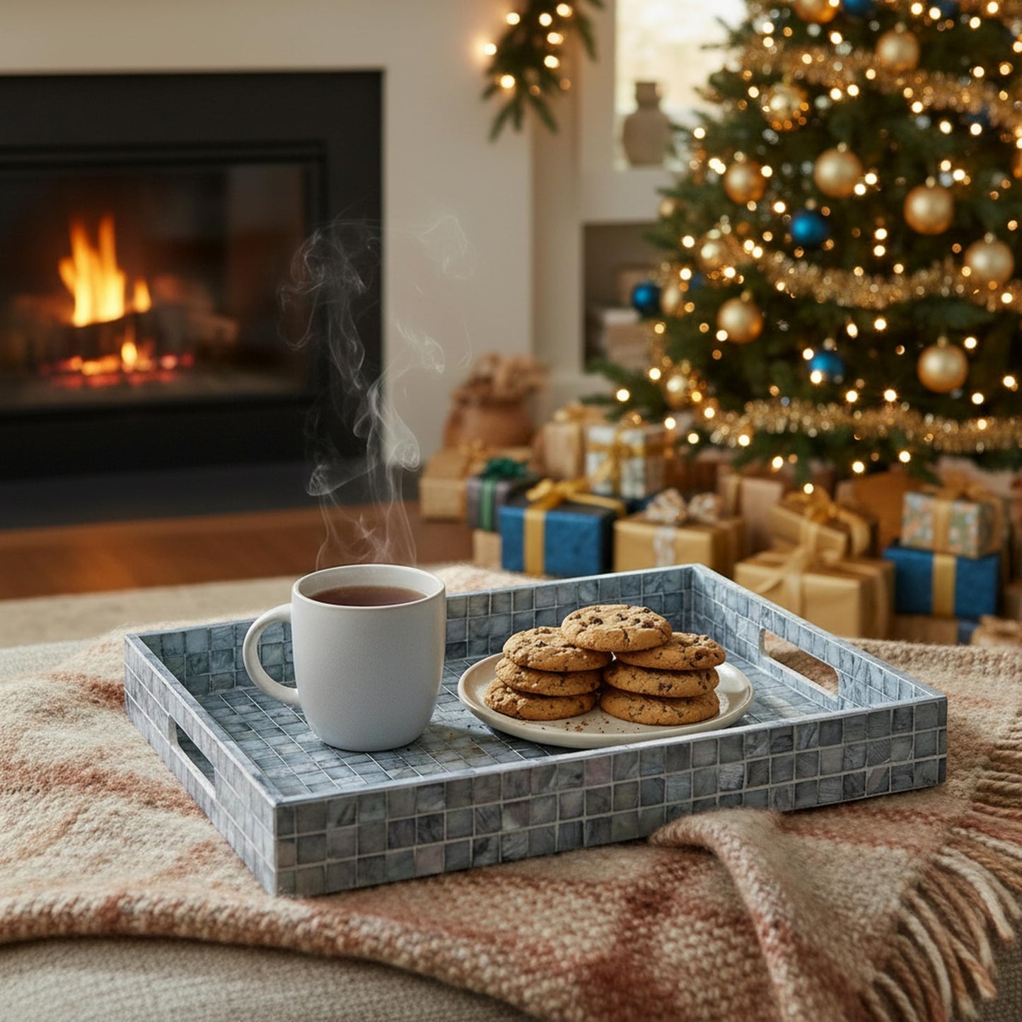 PEMAR Rectangular Mother of Pearl Serving Tray Nacre Wood Lap Ottoman Tray for Coffee Table, Luxury Decorative Handmade Eating Platters w Insert Handles (Blue Mosaic)