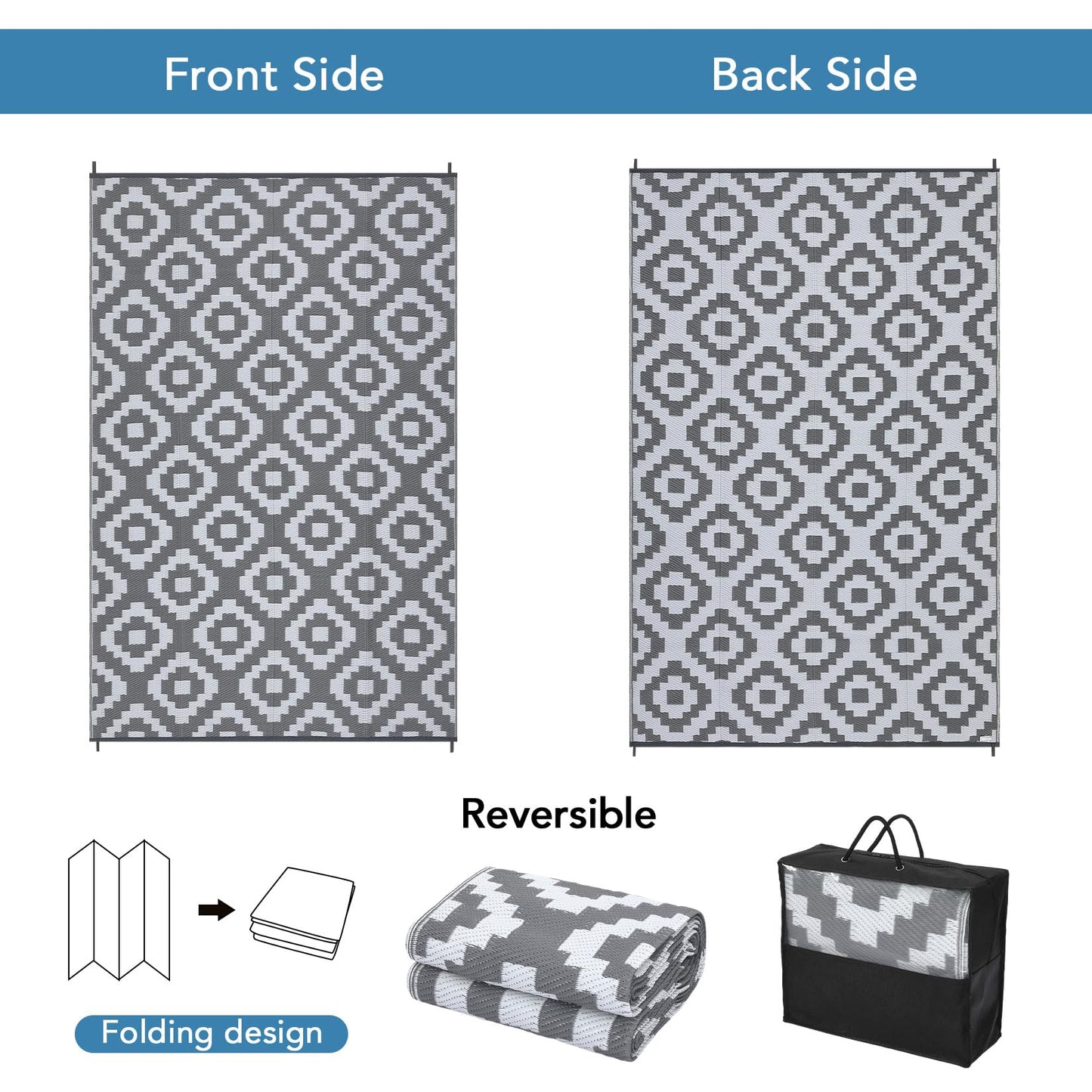 GAOMON Outdoor Rug 8x10 Area Rugs for Patio Waterproof Plastic Straw Rug Reversible Patio Rugs RV Camping Outdoor Carpet for Porch Patio Outside RV Deck Balcony Picnic Beach Decor Square-Grey/White