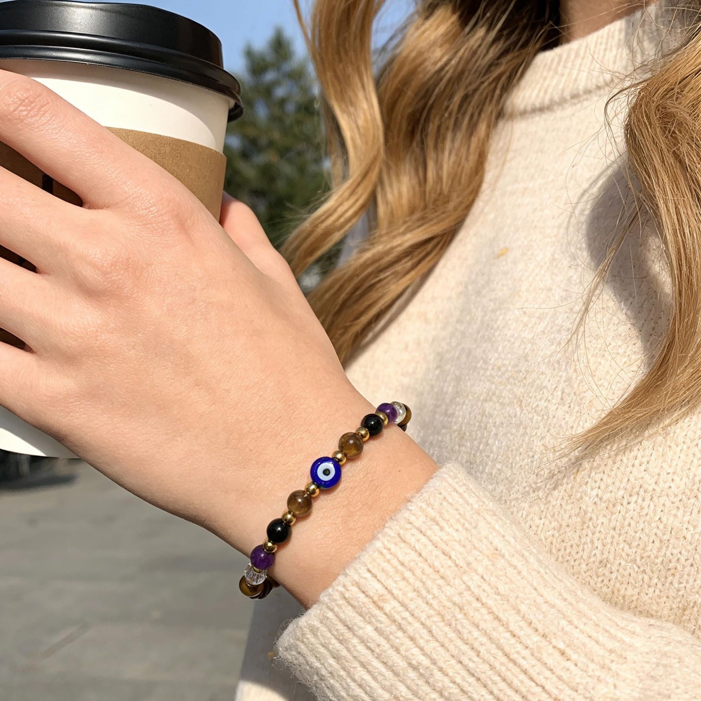 Cute Evil Eye Bracelet Red Black - Natural Crystal Protection Adjustable Spiritual Guardian Jewelry- 5 Healing Stones Clear Quartz Amethyst Black Tourmaline Tiger Eye Bracelet Adjustable (Blue Eye-Red Rope)