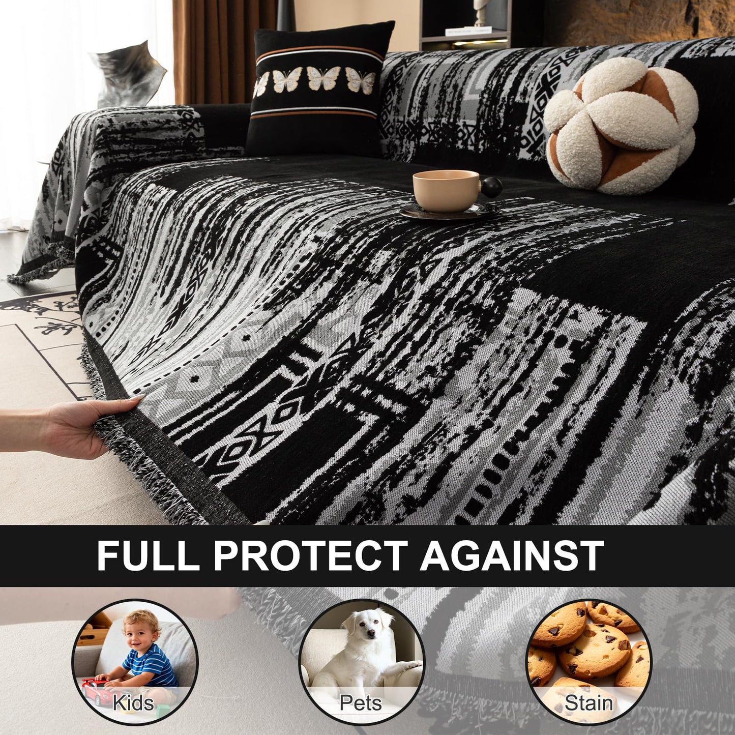 VOGOL Boho Chenille Couch Cover, Terracotta Geometric Jacquard Sofa Protector for 3 Cushion Couch, Heavyweight Woven Throw with Tassels, 70x134 Inches, 1 Piece
