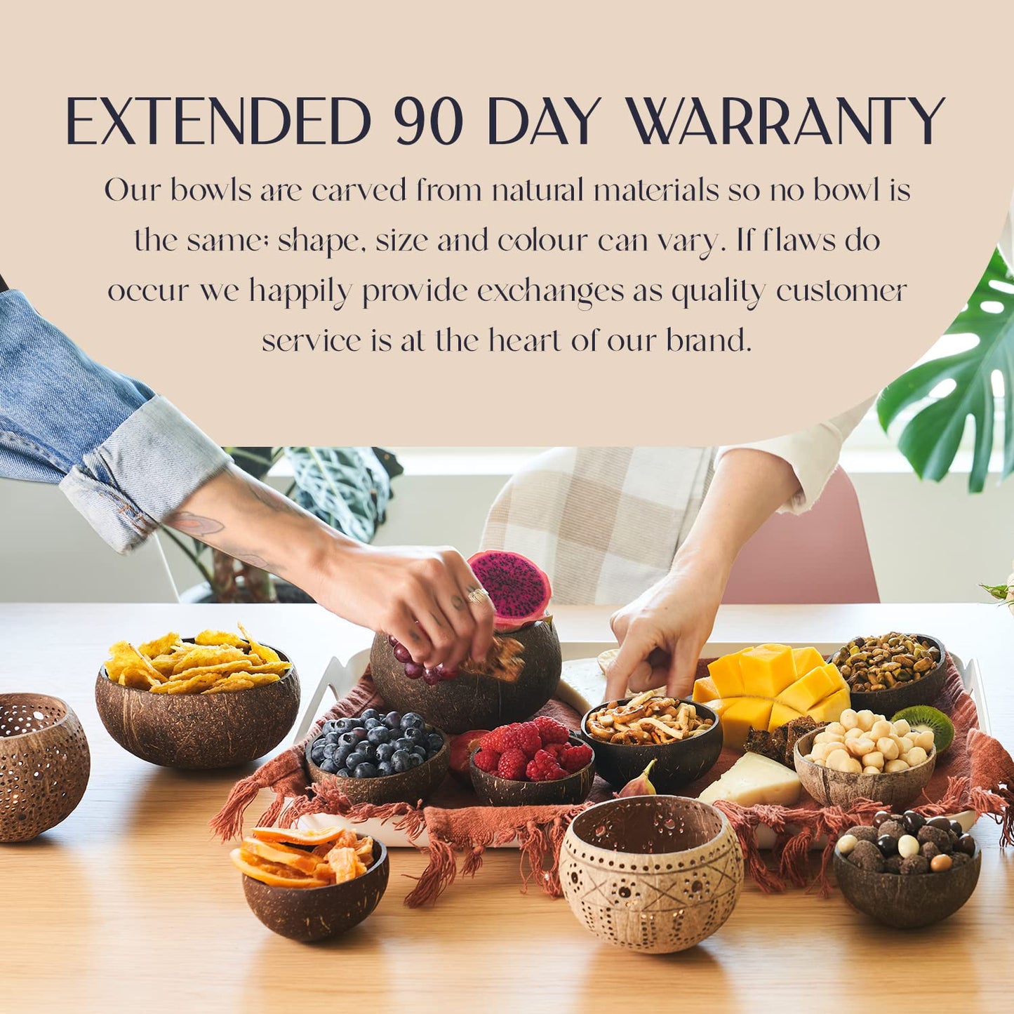 COCOBOWLCO Coconut Bowl Set with Wooden Spoons – Handcrafted Eco-Friendly Acai Bowls, Yogurt Bowls & Smoothie Bowls – Ideal for Ninja Creami, Cereal & Snacks (4, Polished)