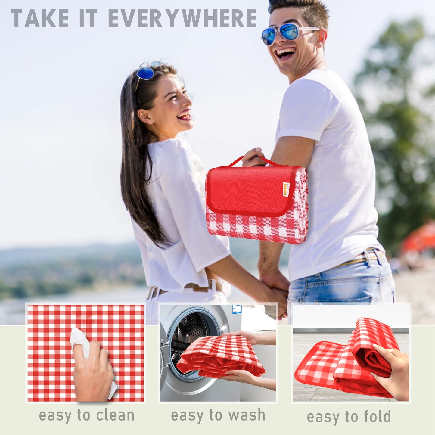 SAMSIER Outdoor Picnic Blankets Waterproof Foldable Sandproof, Large Gingham Cute Picnic Mat Washable Portable for Park Beach Camping Courtyard (Red, 60"×80")