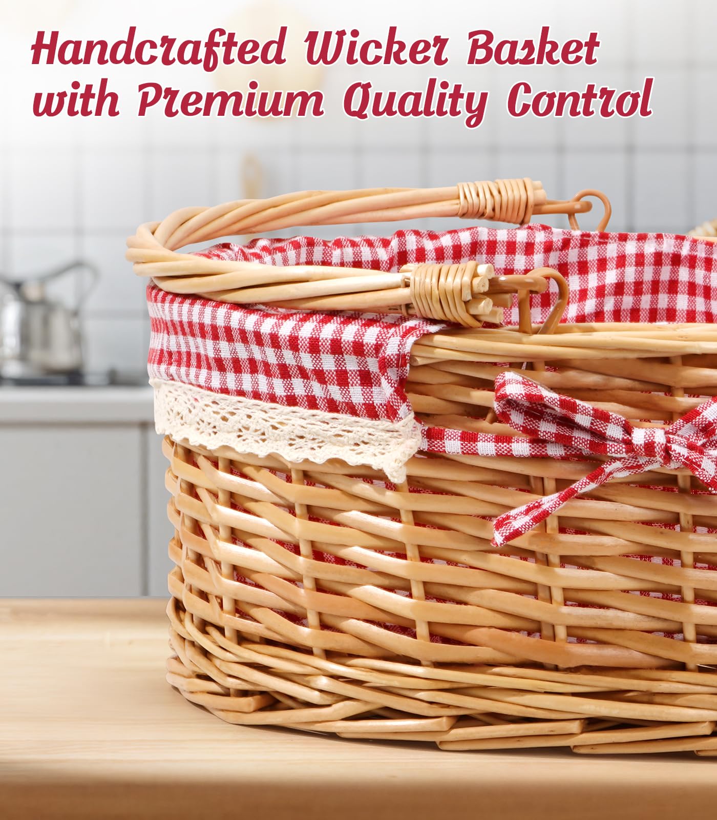 Wedding Gift Picnic Basket for 2 with Waterproof Blanket, Plates, Cutlery Mr and Mrs Glasses, Oval Wicker Hamper with Red Gingham Liner for Engagement, Bridal Shower and Anniversary Dates