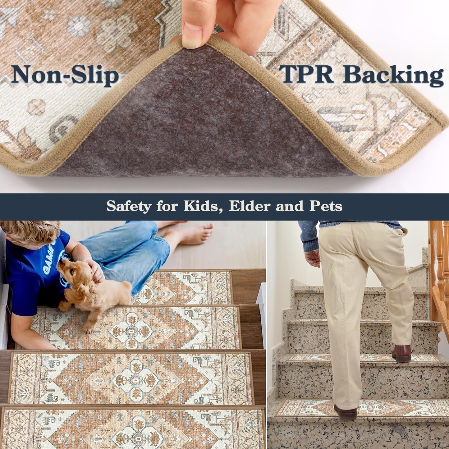 Lahome Stair Treads Non Slip 15 Pack 8" X 30" Stair Treads for Wooden Steps, Washable Self Adhesive Stair Runners Stain Resistant Stair Carpet, Edging Staircase for Kids Elders and Dogs Dorie, Taupe