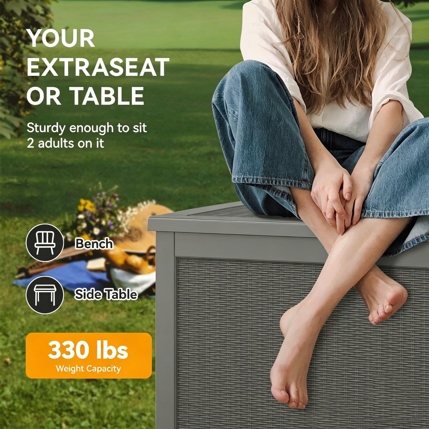 KAMABOKO 280 Gallon Outdoor Storage Box, Resin Deck Boxes Indoor and outdoor, Waterproof Storage Box Lockable Lid for Garden Tools, Package Delivery, Patio Cushions, Grey