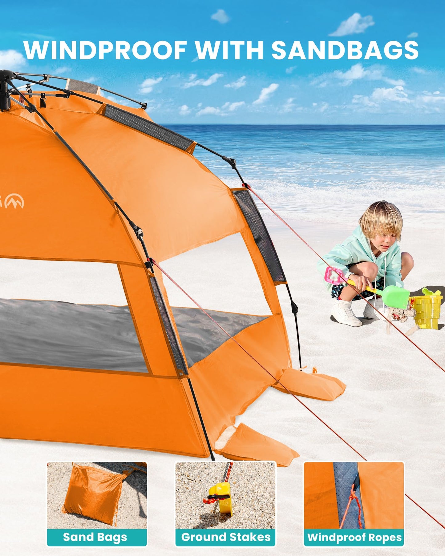 OutdoorMaster Beach Tent Sun Shelter for 3-4 Person, Pop Up Beach Tent Easy Setup with Sandbags, Portable Sun Shade Canopy with Carrying Bag for Beach & Outdoor, UPF50+ UV Protection - Orange