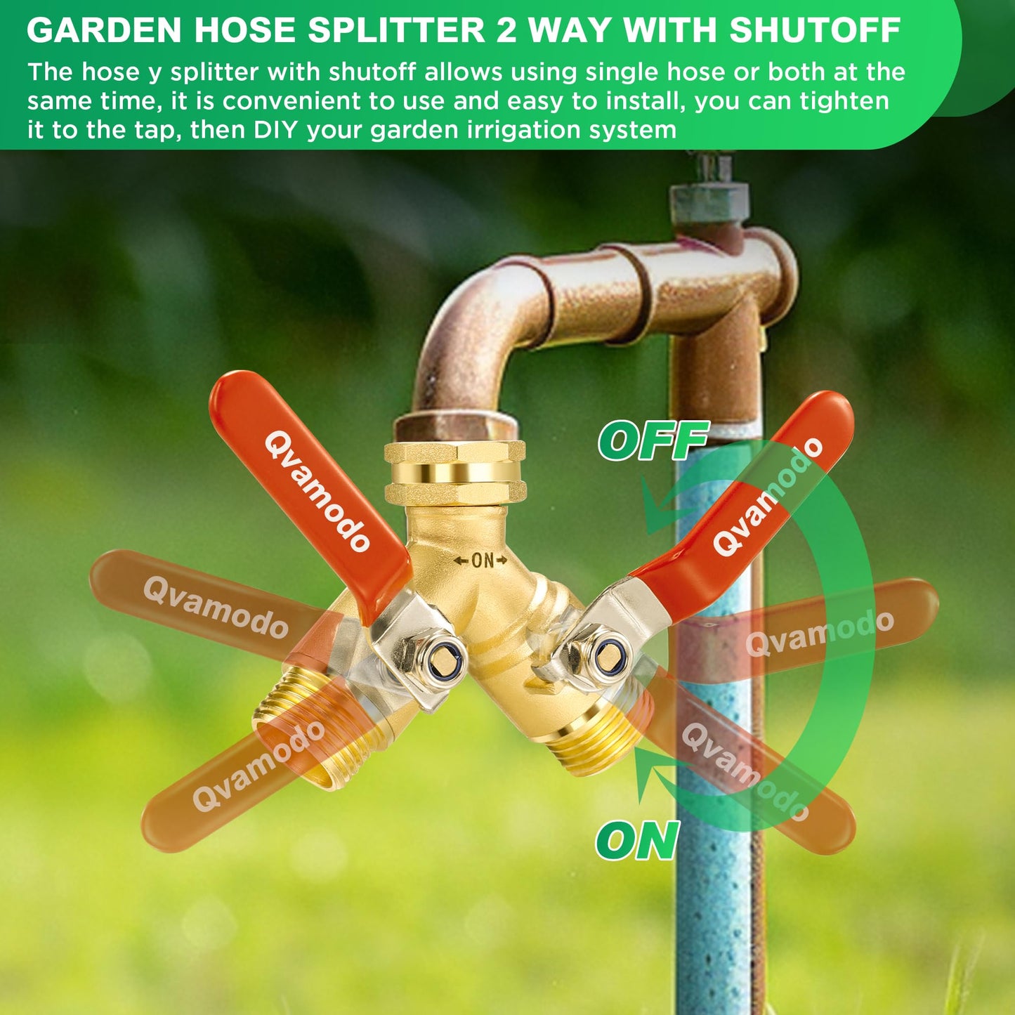 Hose Splitter 2 Way Heavy Duty Garden Hose Y Splitter with Shutoff, Garden Hose Splitter with 304 Stainless Steel Long Handle Outdoor Full Flow Y Valve 3/4 Inch GHT Thread Y Connector for Garden Hose