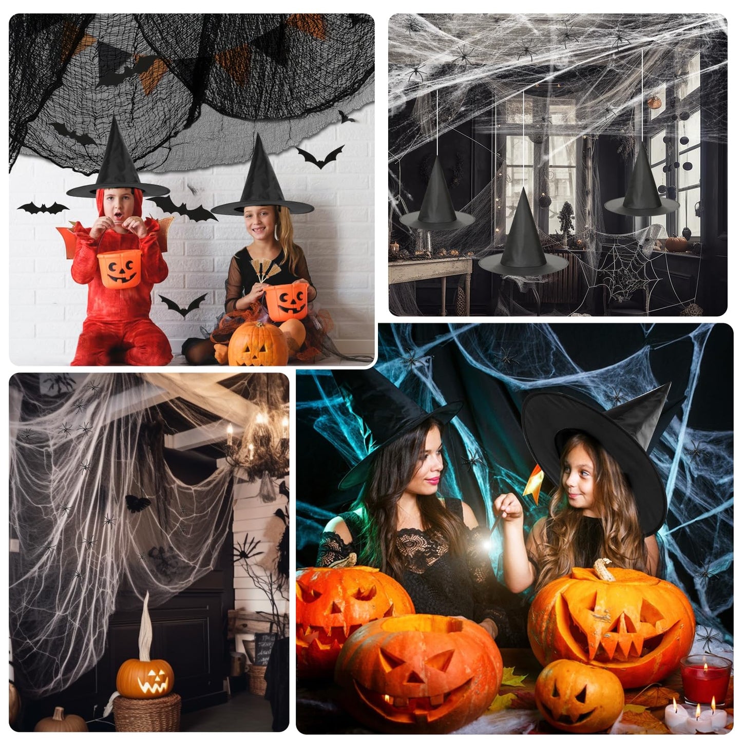 Sublaga 75 Pcs Halloween Decorations Kit, Halloween Witches Hats Black | Hanging Witch Hats Decorations with Spider Web and 18 Pieces Bats Decorations, 30 Pcs Spiders, 12 Brooms Halloween Decor