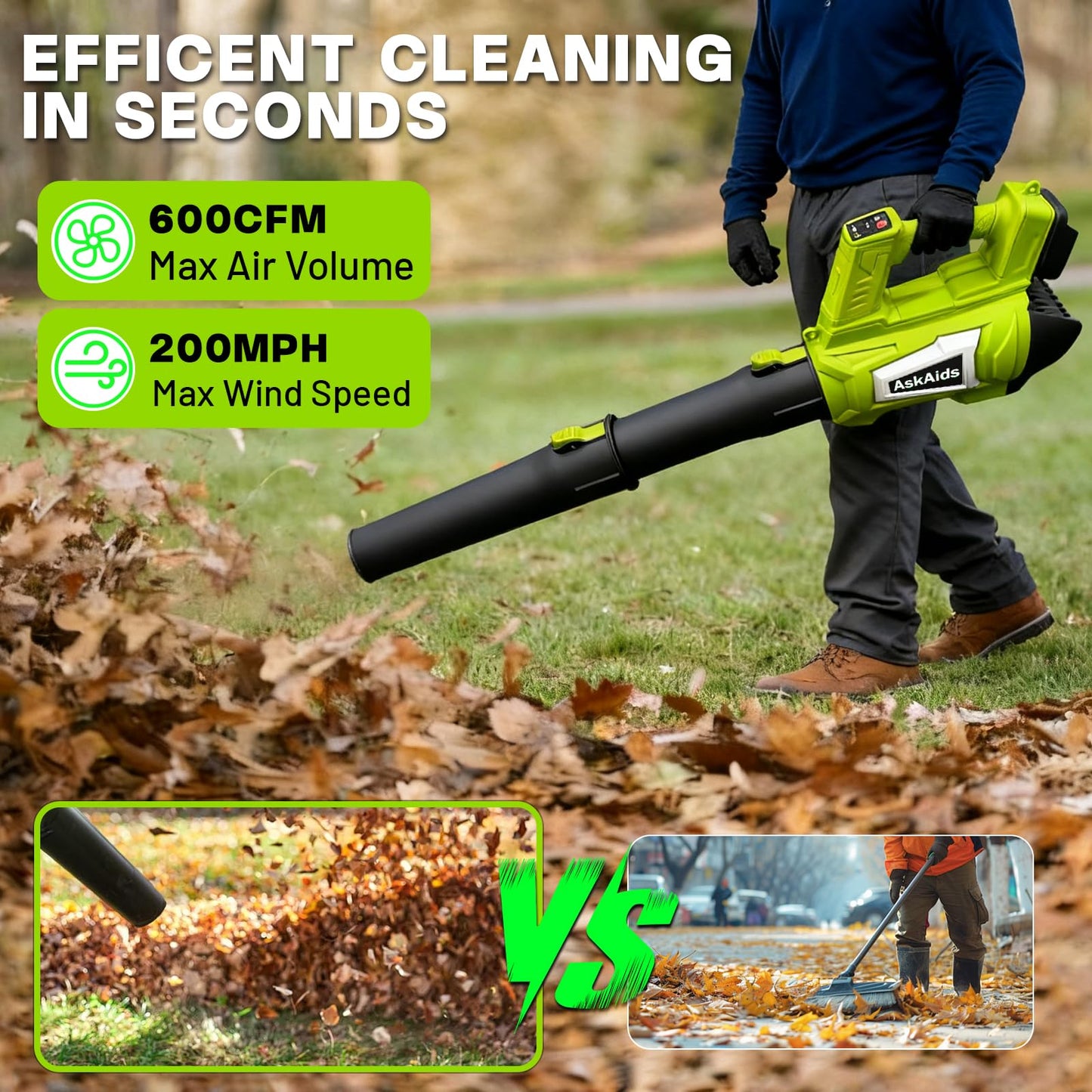 AskAids Cordless Leaf Blower with 2 x 4.5Ah Batteries and Charger, 5 Speed Modes, 1 x Adjustable Shoulder Strap, Lightweight Electric Leaf Blower for Blowing Lawn Care, Garden, Patio Cleaning