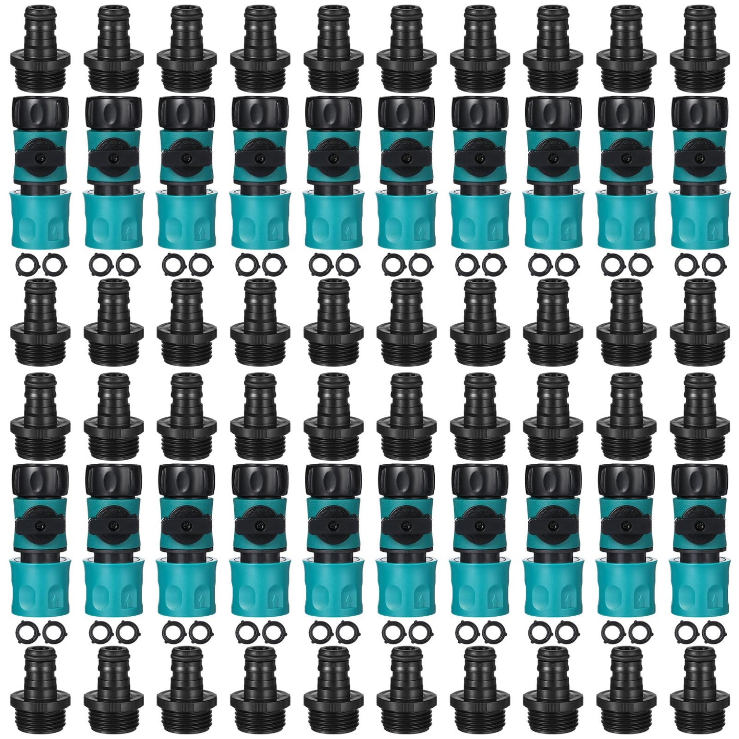 Threlaco 20 Pcs 3/4 Inch Plastic Garden Hose Connect Hose Quick Connector with Valve 40 Pcs Rubber Washers and 40pcs Male Adapter for Water Hose Coupling (Simple Style)