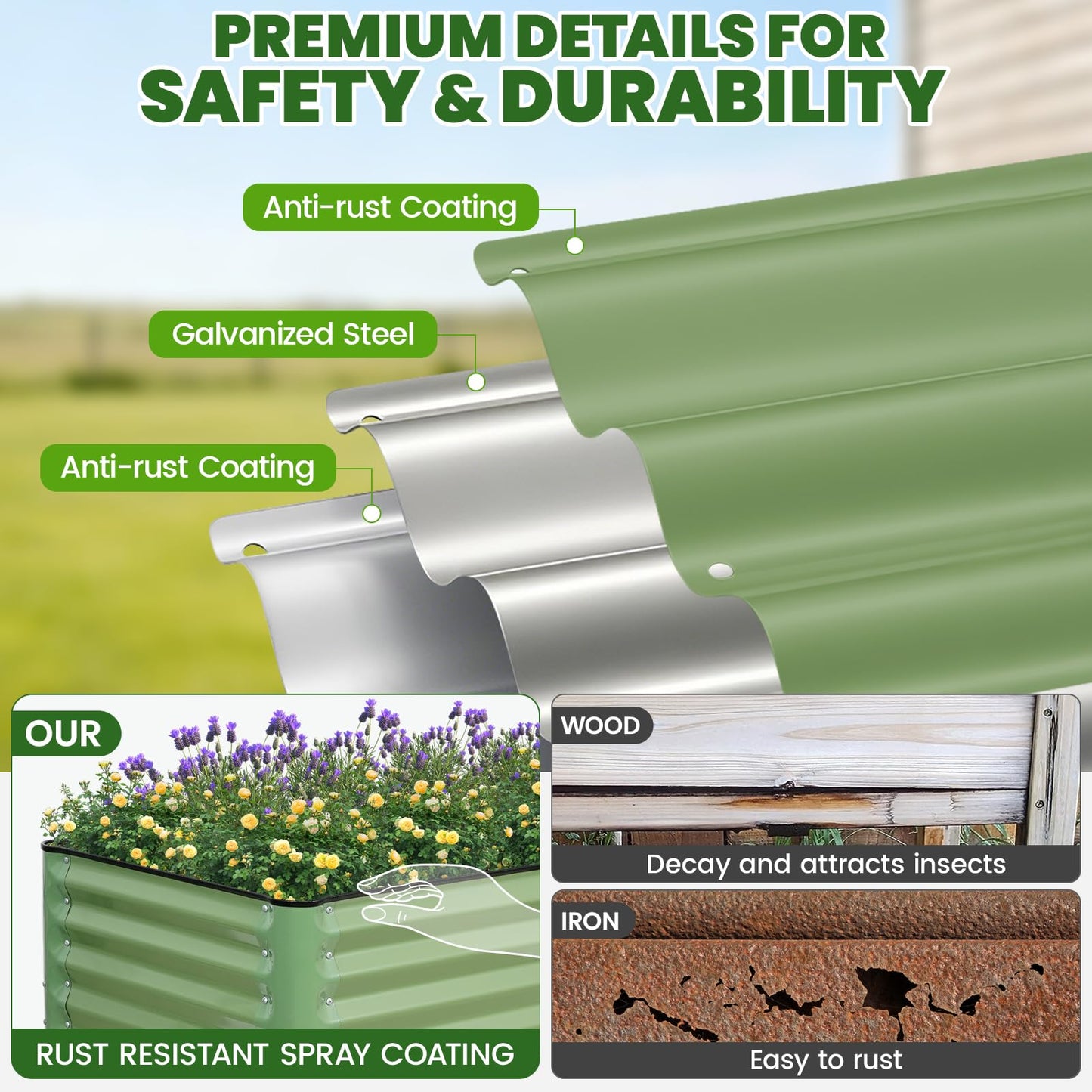 Elevated Raised Garden Bed 2' x 4'- Galvanized Metal Planter Boxes with Legs & Storage Rack, Outdoor Planters for Backyard/Patio/Balcony, with Drainage Holes for Vegetables, Flowers, Herbs, Green