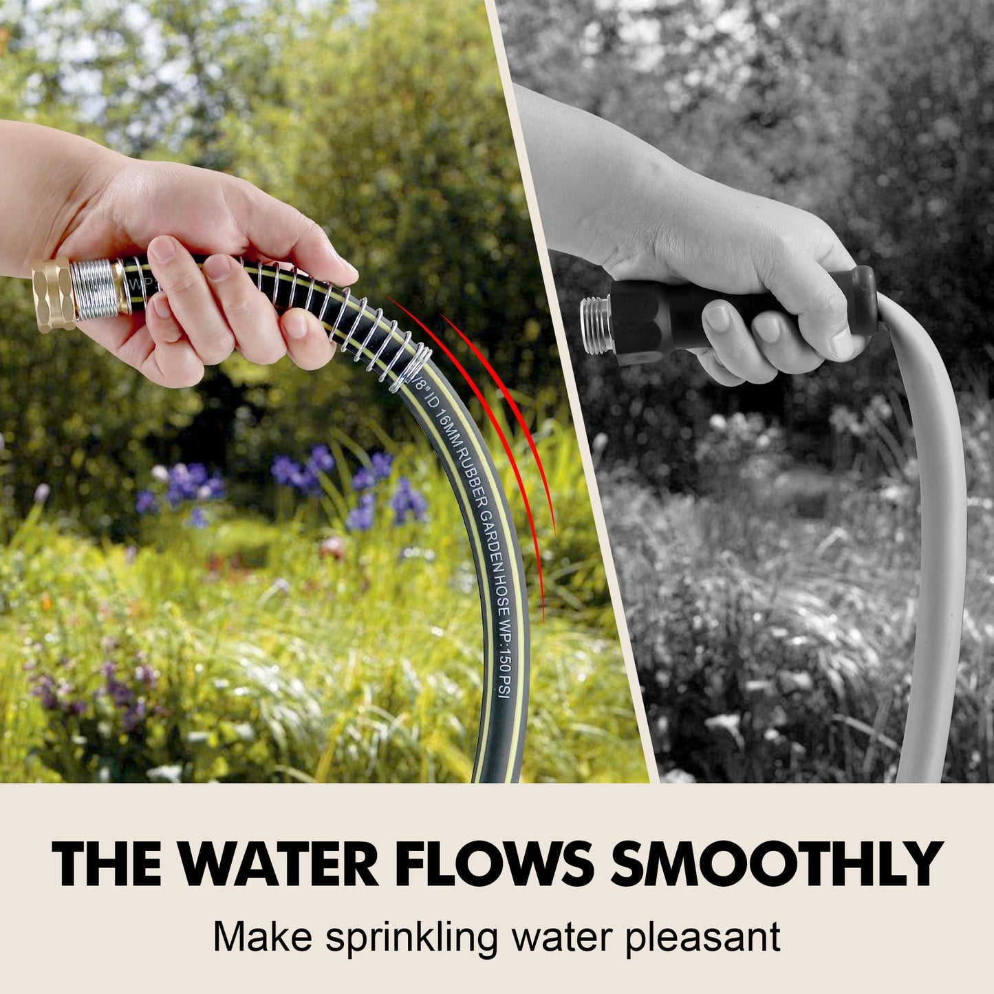 Wurzberge Lightweight Rubber Garden Hose 25 ft, 5/8" Hybrid Rubber Hose with Solid Brass Fitting, Water Hose Pipe for Outdoor, Cleaning & Washing